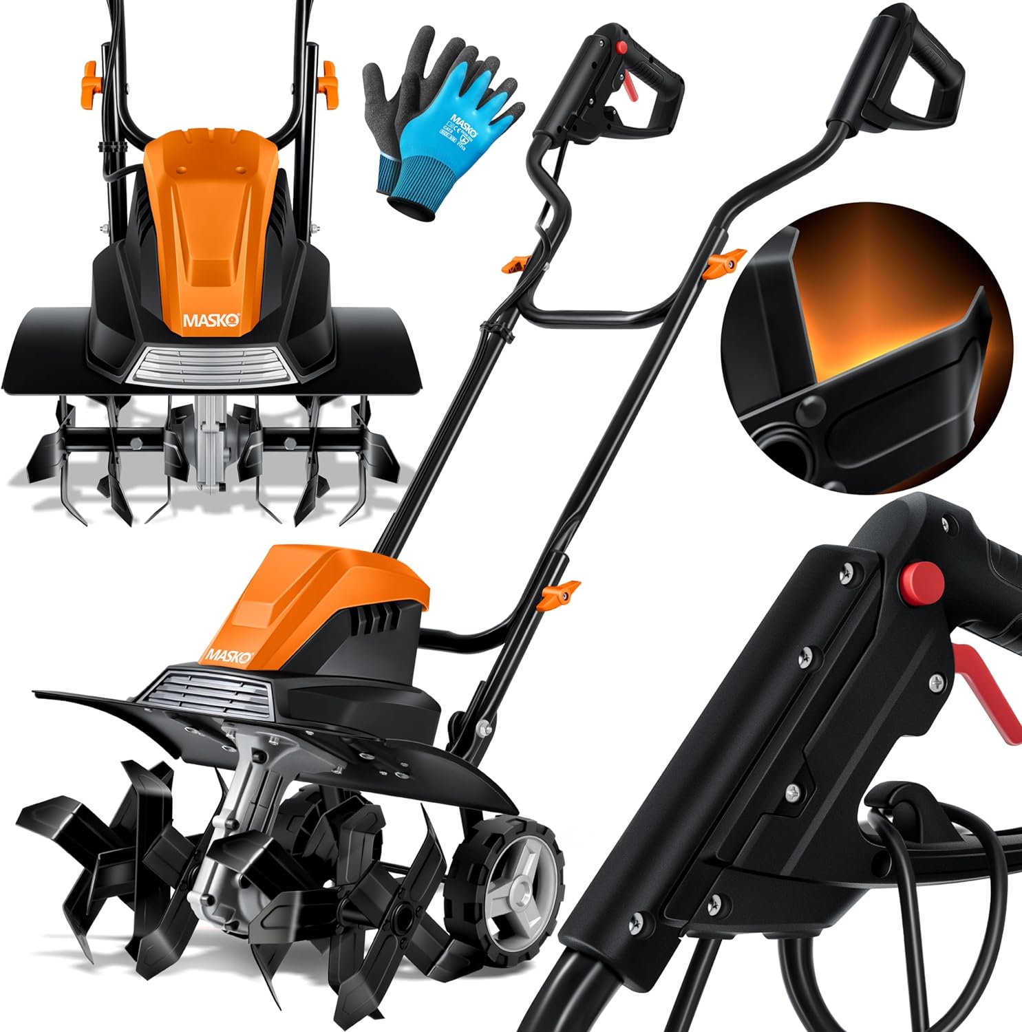 MASKO Electric tiller 1500 Watts | 45cm Working Width, 20cm Working Depth | Weeder | Strawberry Tiller | Cultivator | Garden Milling Machine | Electric hoe, Orange