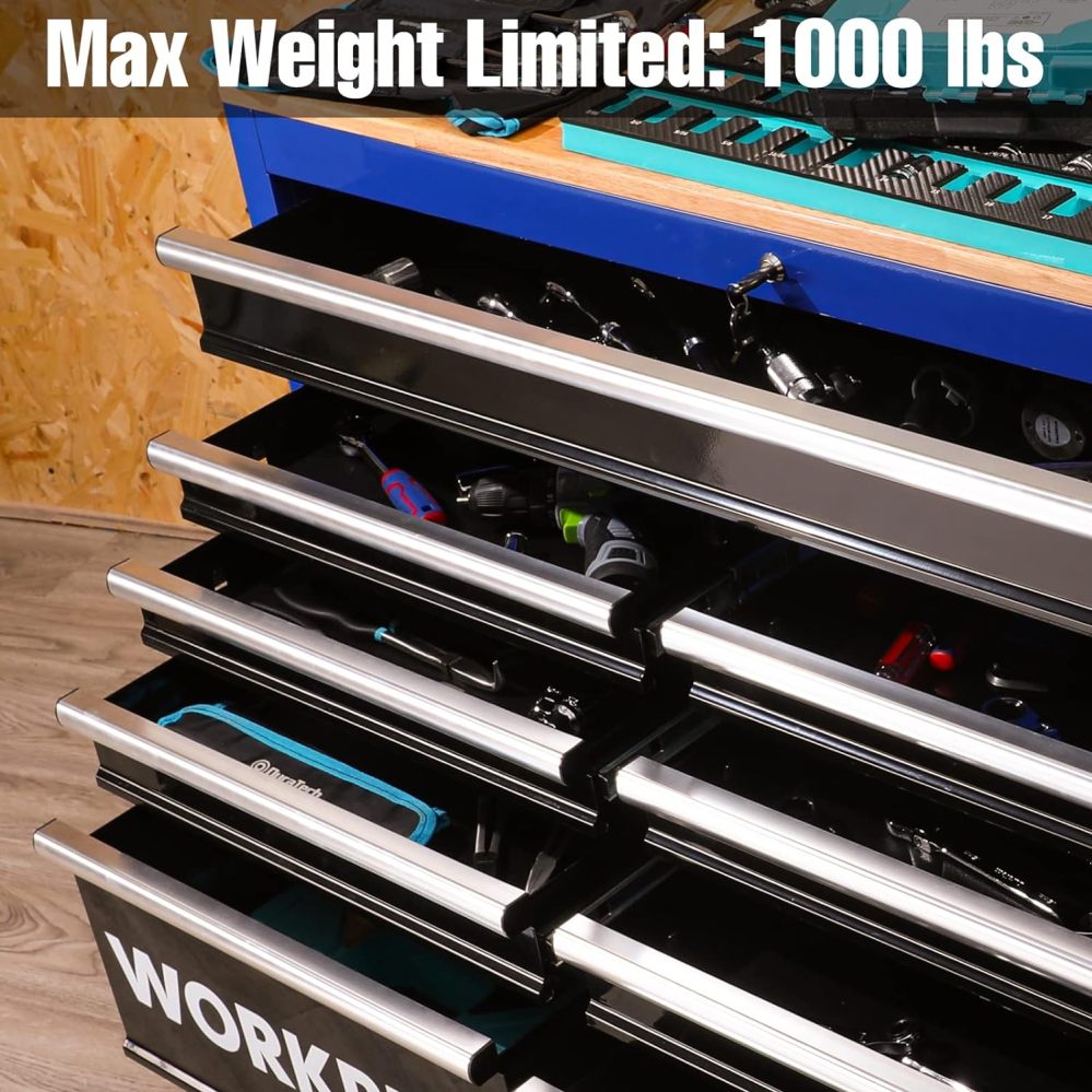 WORKPRO 46-Inch 9-Drawers Rolling Tool Chest, Mobile Tool Storage Cabinet with Wooden Top, Equipped with Casters, Handle, Drawer Liner, and Locking System, 1200 lbs Load Capacity