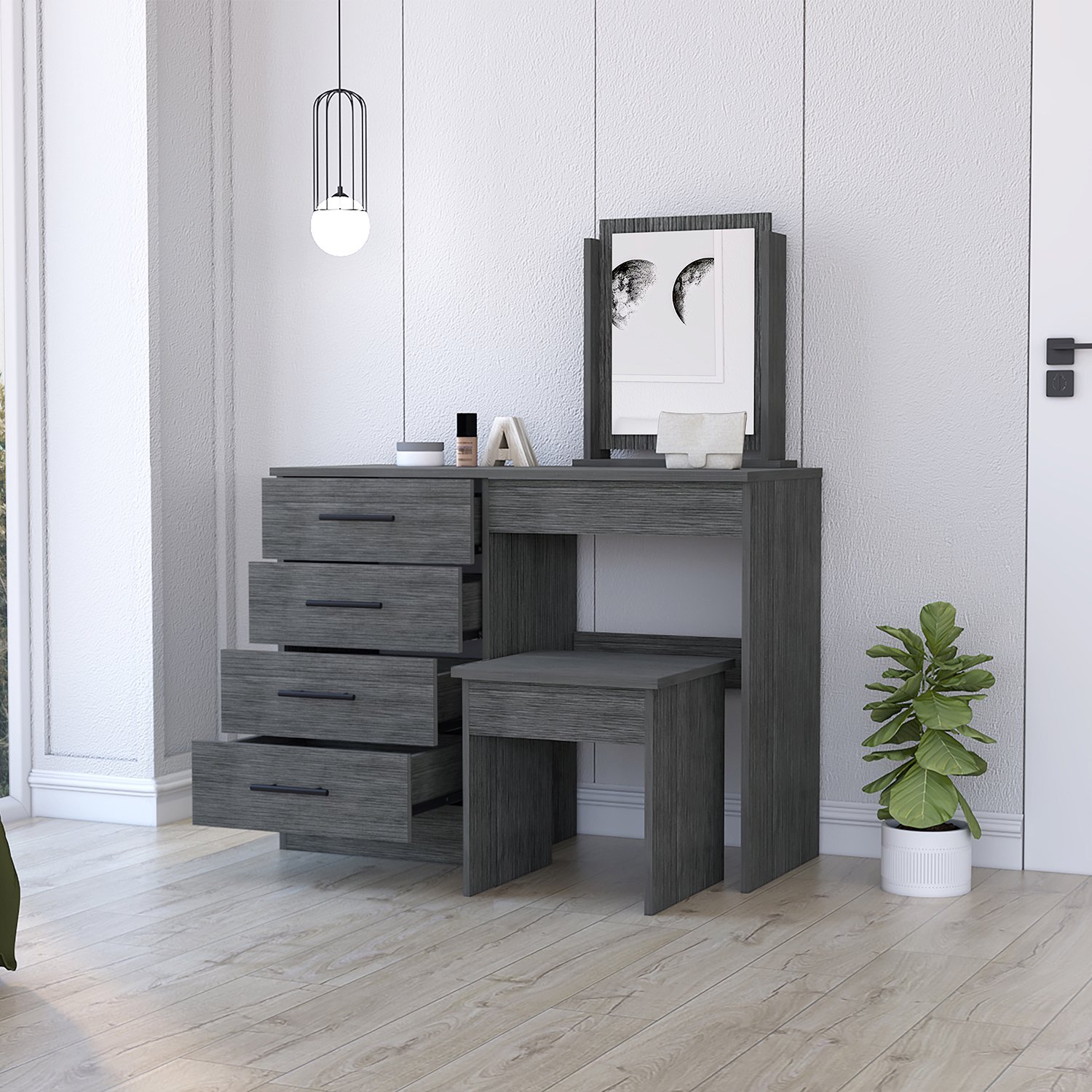 Kadyn 4-Drawer Makeup Dressing Table, Makeup Vanity Set with Stool