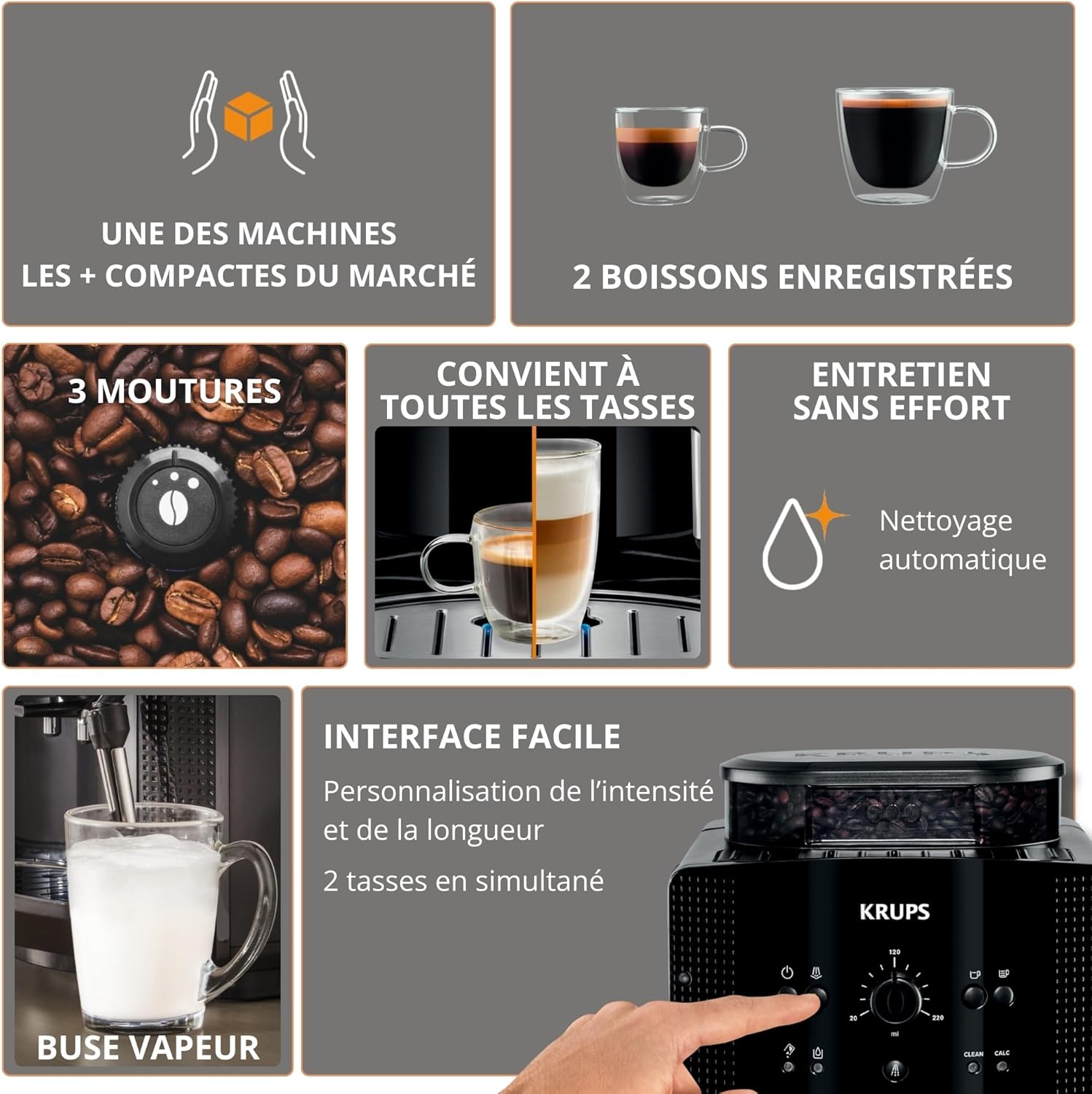 Krups Machine à café grain, 1,7 L, 2 tasses en simultané, Nettoyage automatique, Buse vapeur pour Cappuccino, Cafetière espresso, Essential noire YY8125FD