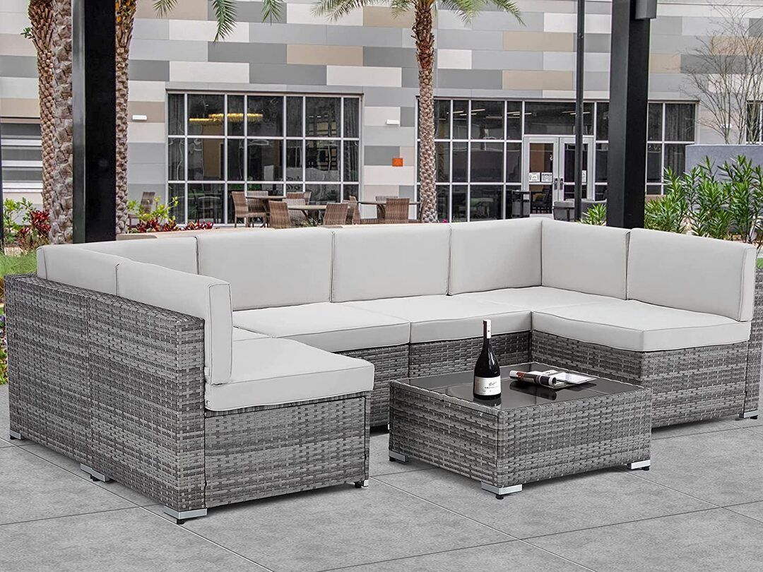 7 Piece Outdoor Patio Furniture Set, PE Rattan Wicker Sofa Set, Outdoor Sectional Furniture Chair Set with Khaki Cushions and Tea Table