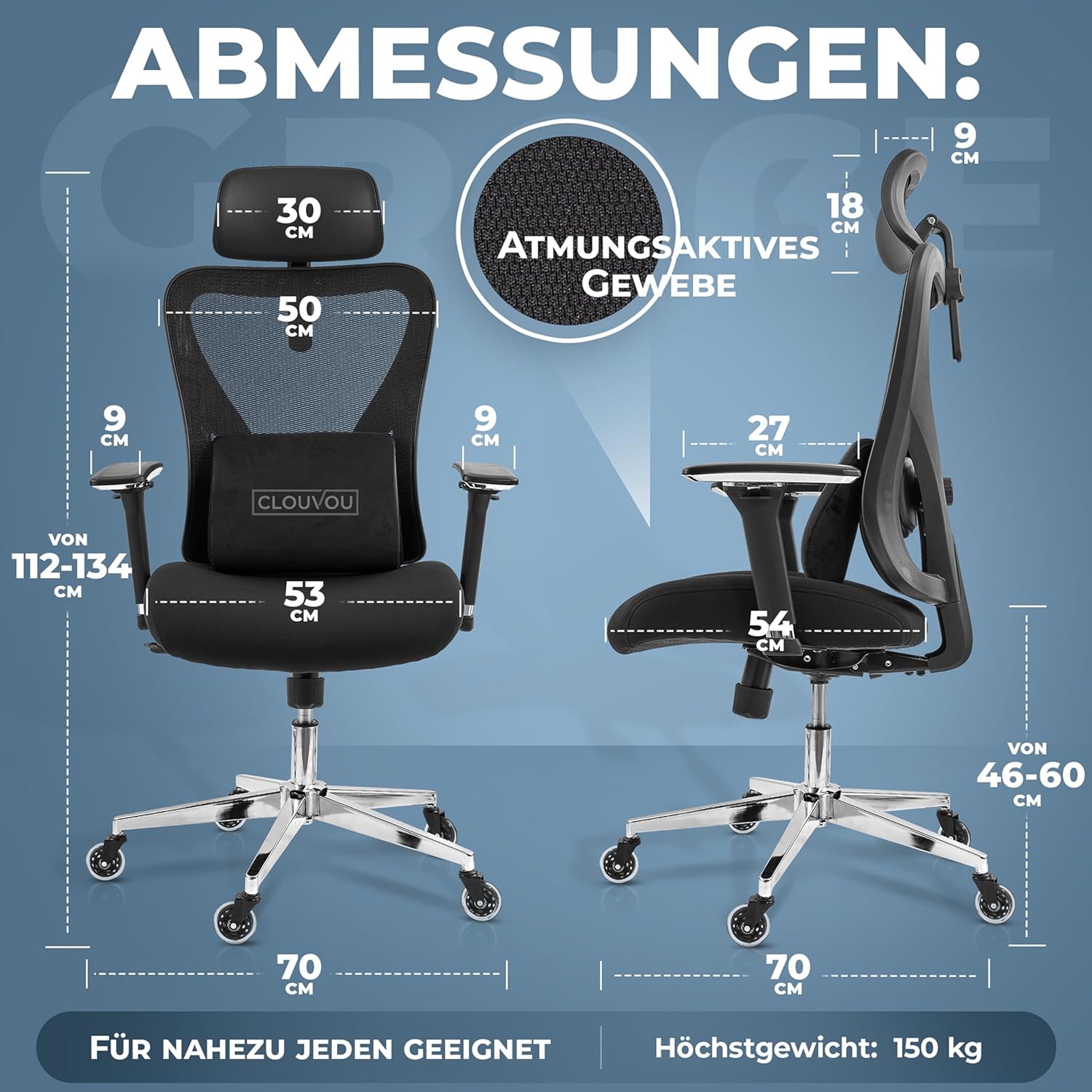 CLOUVOU CleverSeat Bürostuhl Ergonomisch [TESTSIEGER] Schreibtischstuhl 100% individuell einstellbar | Büro Stuhl & Gaming Stuhl | Computerstuhl Home Office Chair Ergonomic | Drehstuhl 150 kg