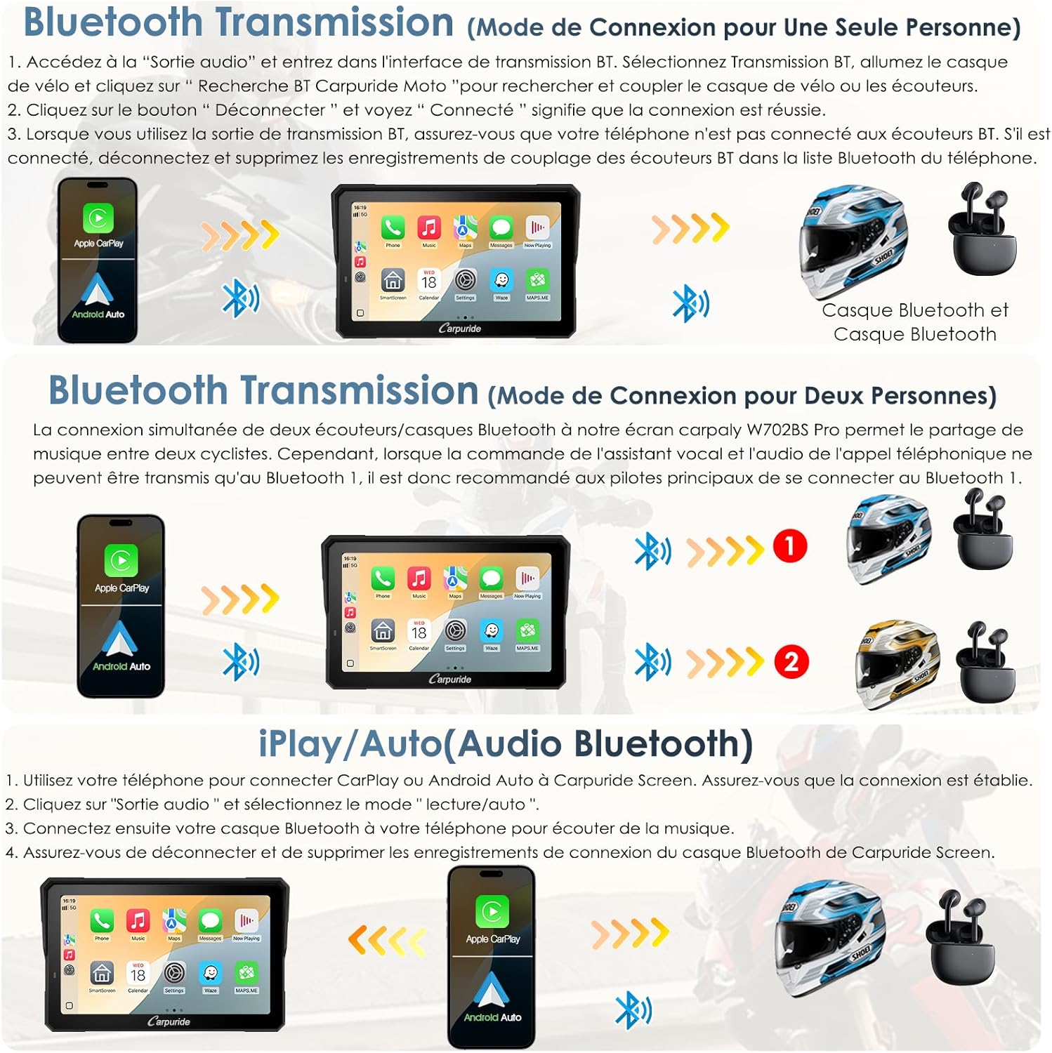 Carpuride W702BS Pro Moto Carplay Écran avec Natif Wonder Wheel pour BMW Moto, Sans Fil CarPlay et Android Auto, 7 Pouces Étanche Tactile Écran, Double Bluetooth, Interphone Fonction, Données Lecture.
