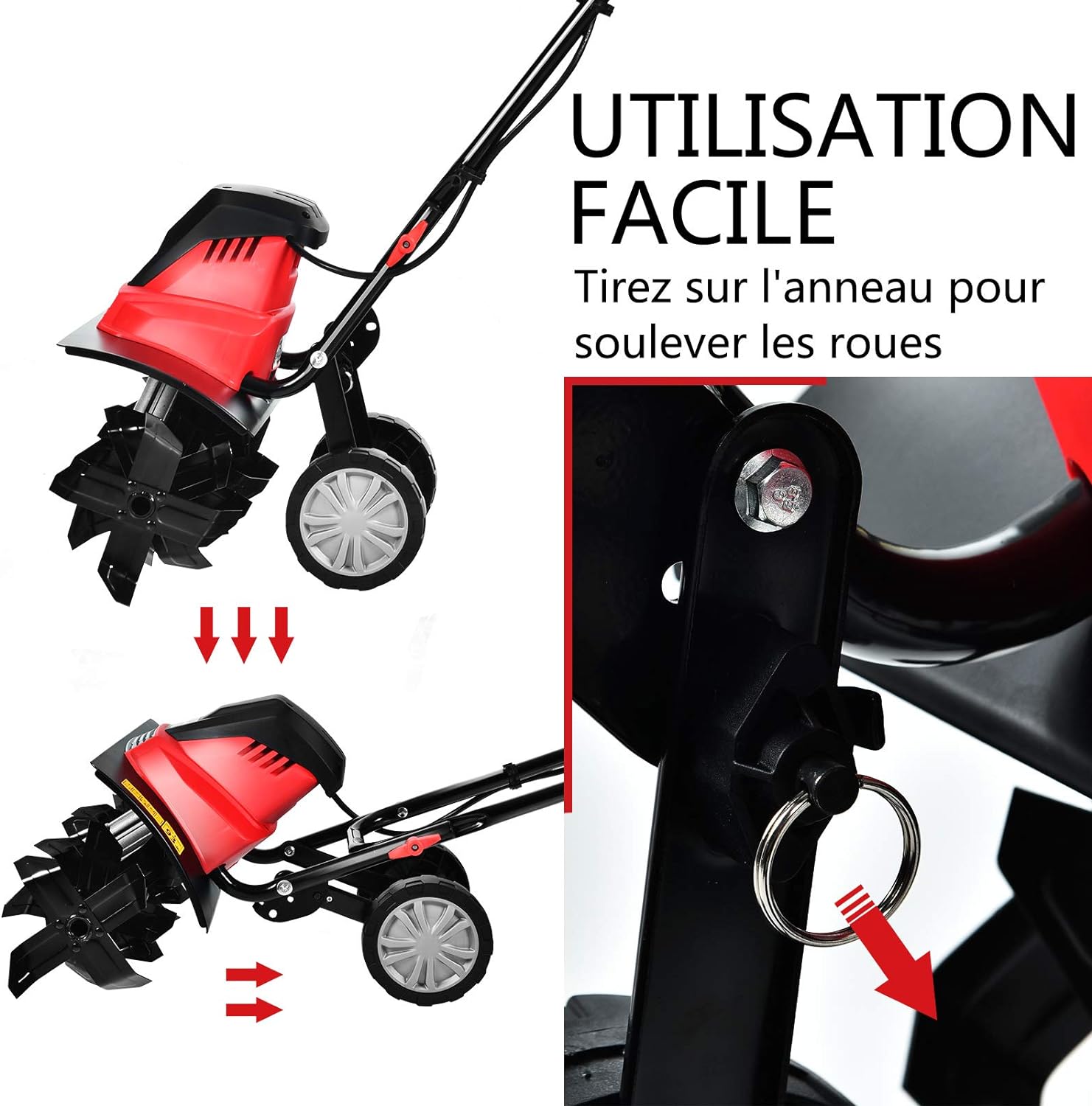 COSTWAY Electric Tiller 1500W Working Depth 22CM Width 43CM with Foldable Handle and Adjustable Wheels 6 Blades for Gardening and Weeding