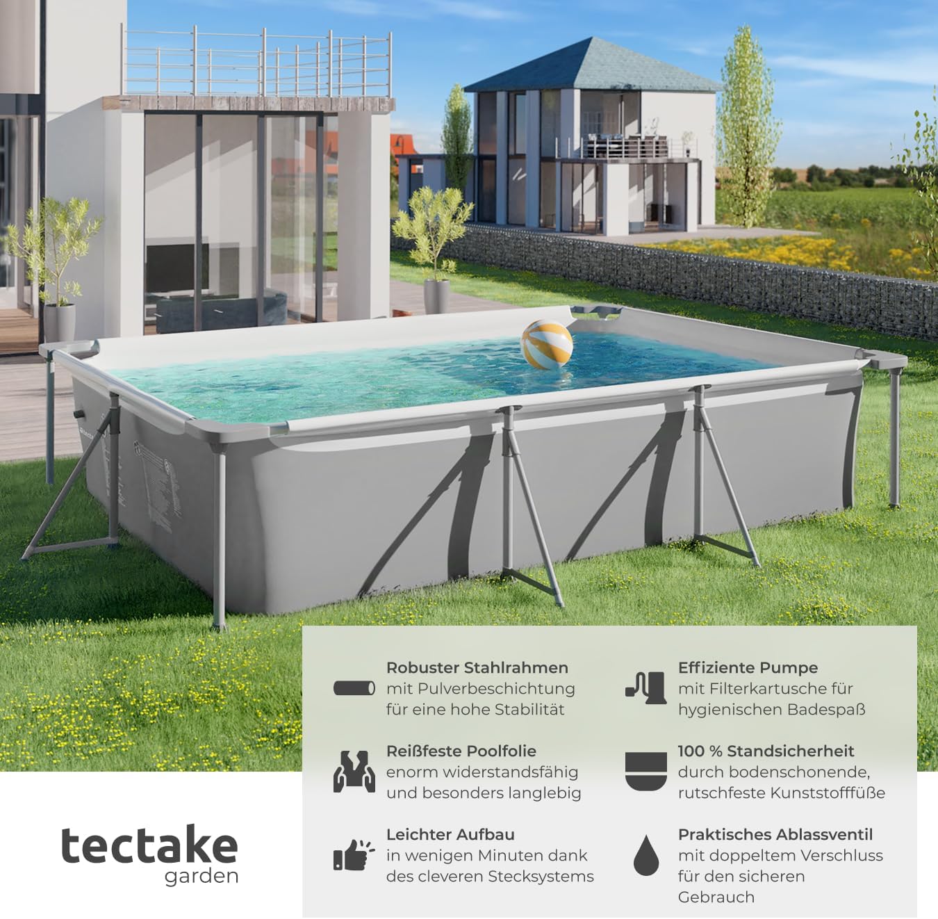 tectake® Swimming Pool, Large Swimming Pool, Rectangular, Frame Pool, Pool for Garden, Steel Frame Pool, Complete Set, Outdoor Garden Pool, Above Ground Pool, 300 x 207 x 70 cm, Grey