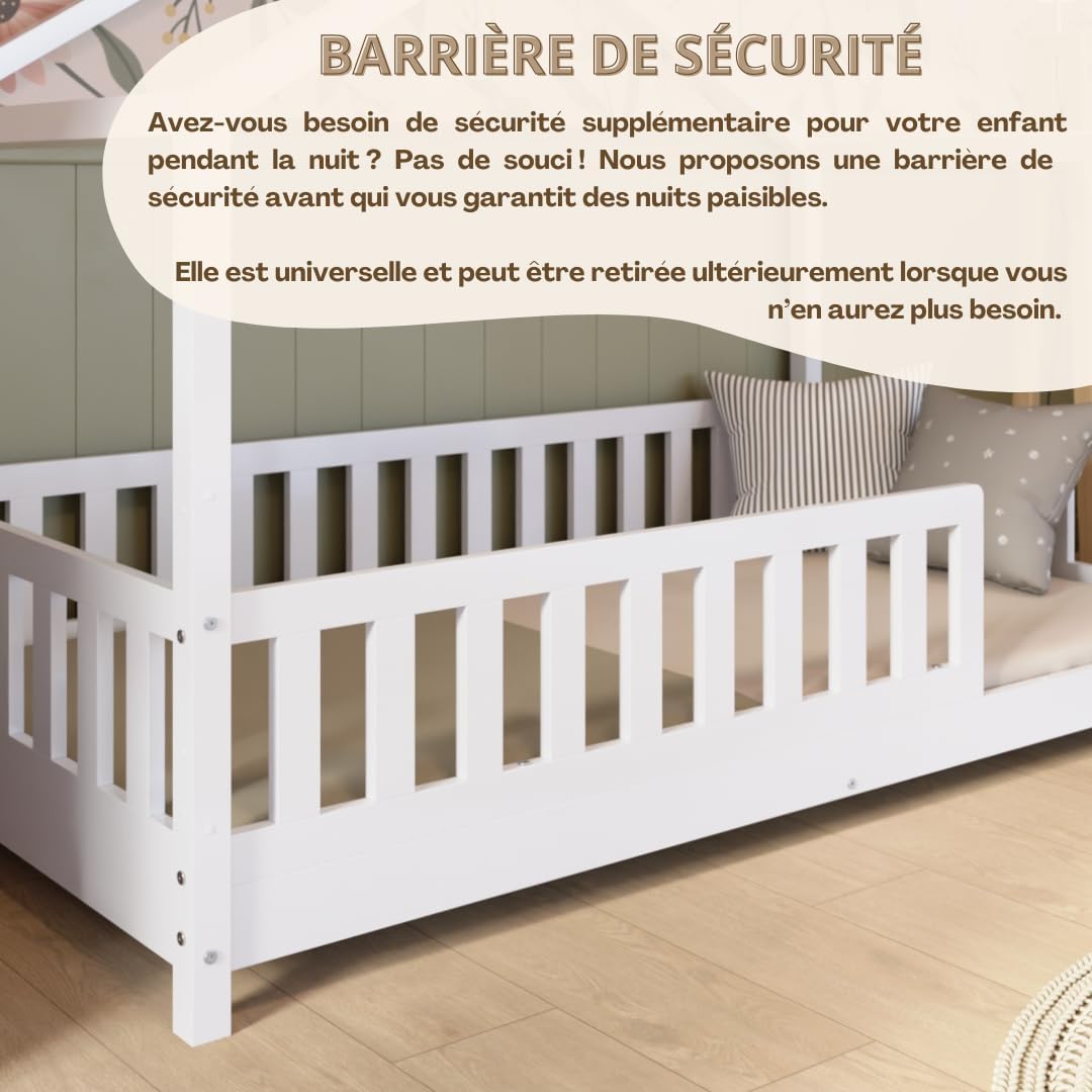 Crazy Pine Cabin Bed 160x80 cm – Natural Wood Children's Bed with Barrier – Montessori Floor Bed with Height-Adjustable Legs and Removable Barrier - Crazy House