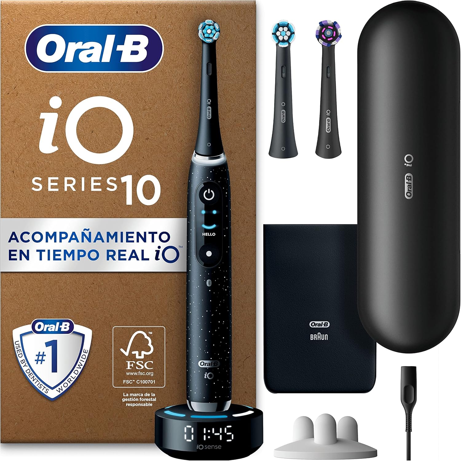 Oral-B iO 10 Electric Toothbrush with Rechargeable Handle, 3 Replacement Heads and Travel Case with Charger, Designed by Braun, Original Gifts for Women and Men - Black