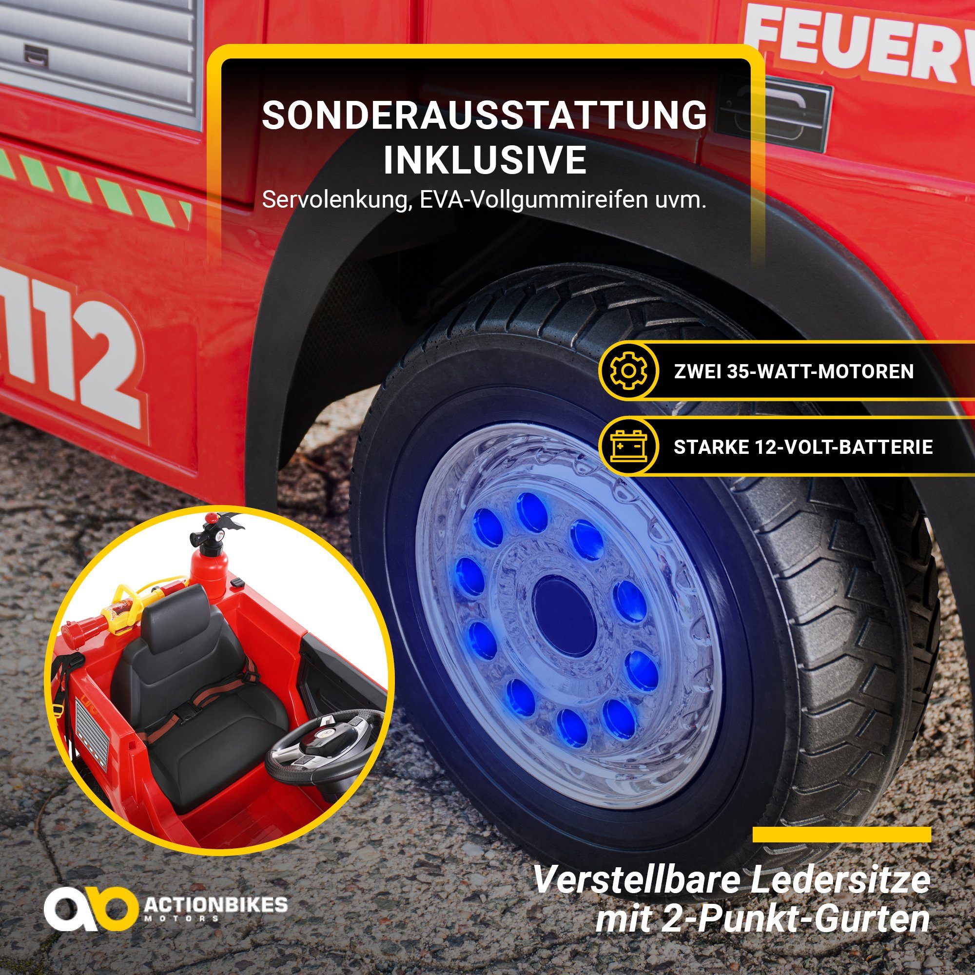 Actionbikes Motors Elektro-Kinderauto Kinder Auto Feuerwehr SX1818 Elektro - Fernbedienung - Wasserspritze, Belastbarkeit 40 kg, (4-tlg), Kinder Fahrzeug Spielzeug ab 3 Jahre elektrisch - Sirene & Bluetooth