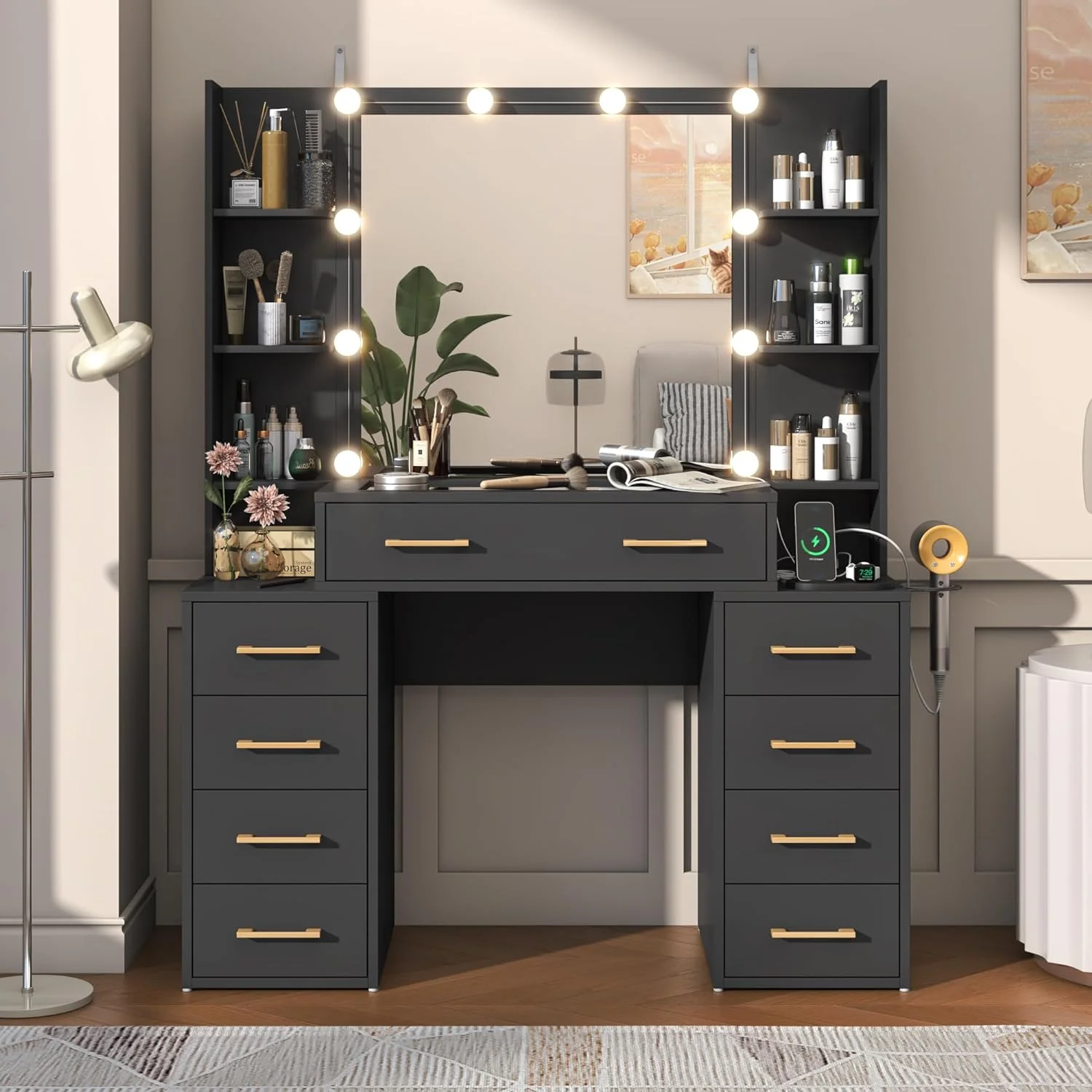 Black Vanity Desk with Mirror & LED Lights, Glass Top Vanity Desk with Charging Station & Compartment Storage Drawers, 43