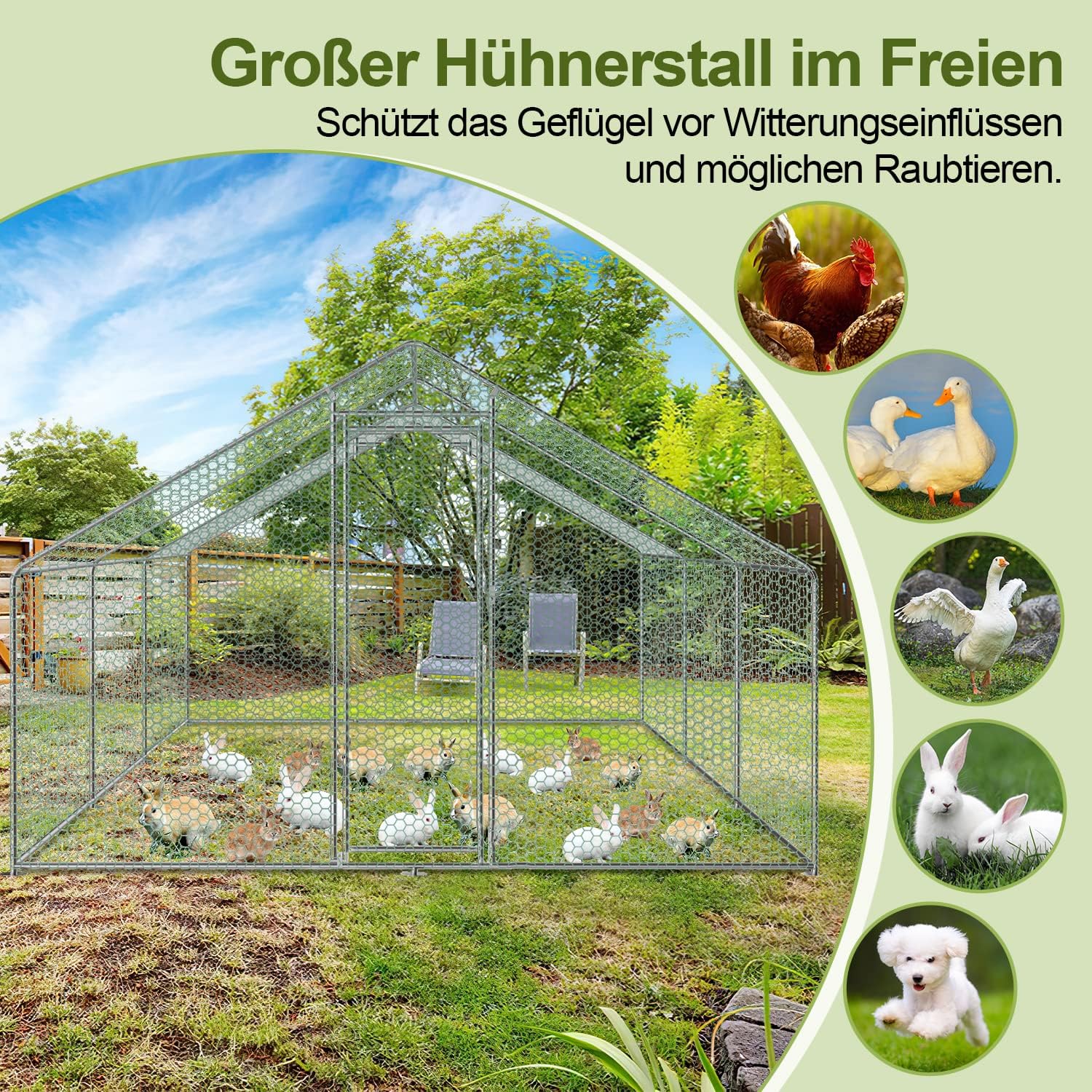 Sonnewelt Freilaufgehege 3x6x2m Hühnerstall Verzinkter Stahl Kleintierstall Hühnerhaus Dach Geflügelstall mit Sonnenschutzdach und Tür für Haustierkäfig Hühnerkäfig Vogelkäfig Kleintiere Pflanzen