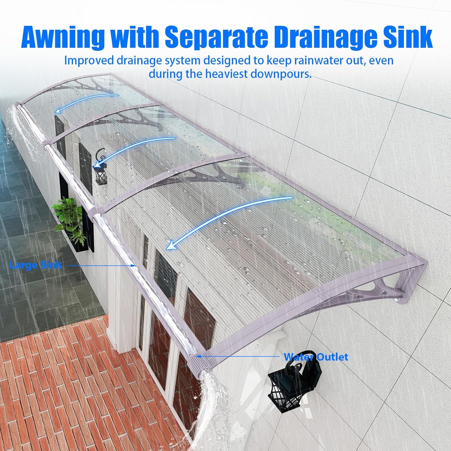 Door Canopy Outdoor Awning with Drainage,100x80 cm Polycarbonate Rain Shelter with ABS Brackets,Polycarbonate Sheet,UV,Snow Protection for Porch,Front Door, Patio, Window, Deck