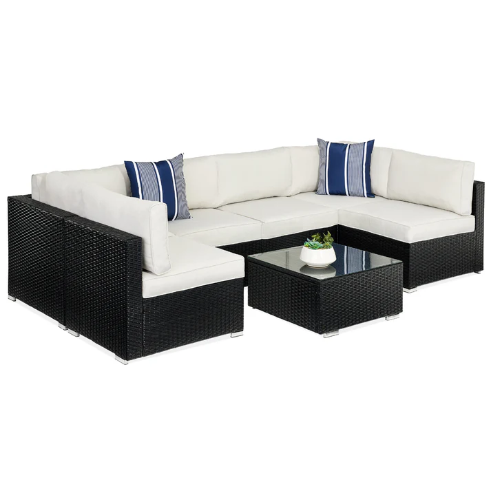 7-Piece Modular Wicker Sectional Conversation Set w/ 2 Pillows, Cover