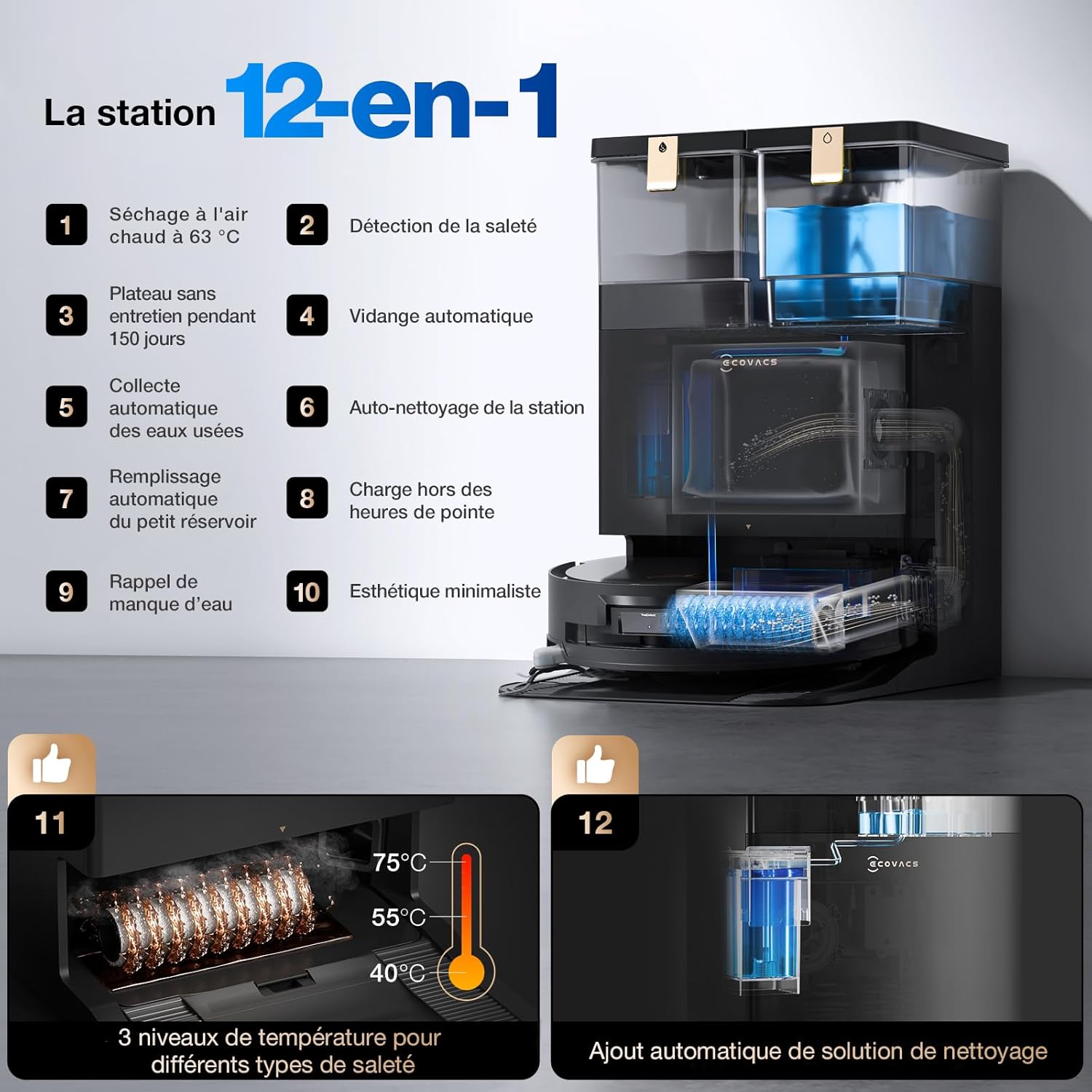 ECOVACS X8 PRO OMNI Robot Vacuum Cleaner with All-In-One Station, 18000Pa Power, Instant Automatic Cleaning OZMO ROLLER, 75℃ Hot Water Cleaning, Automatic Cleaning Solution Addition