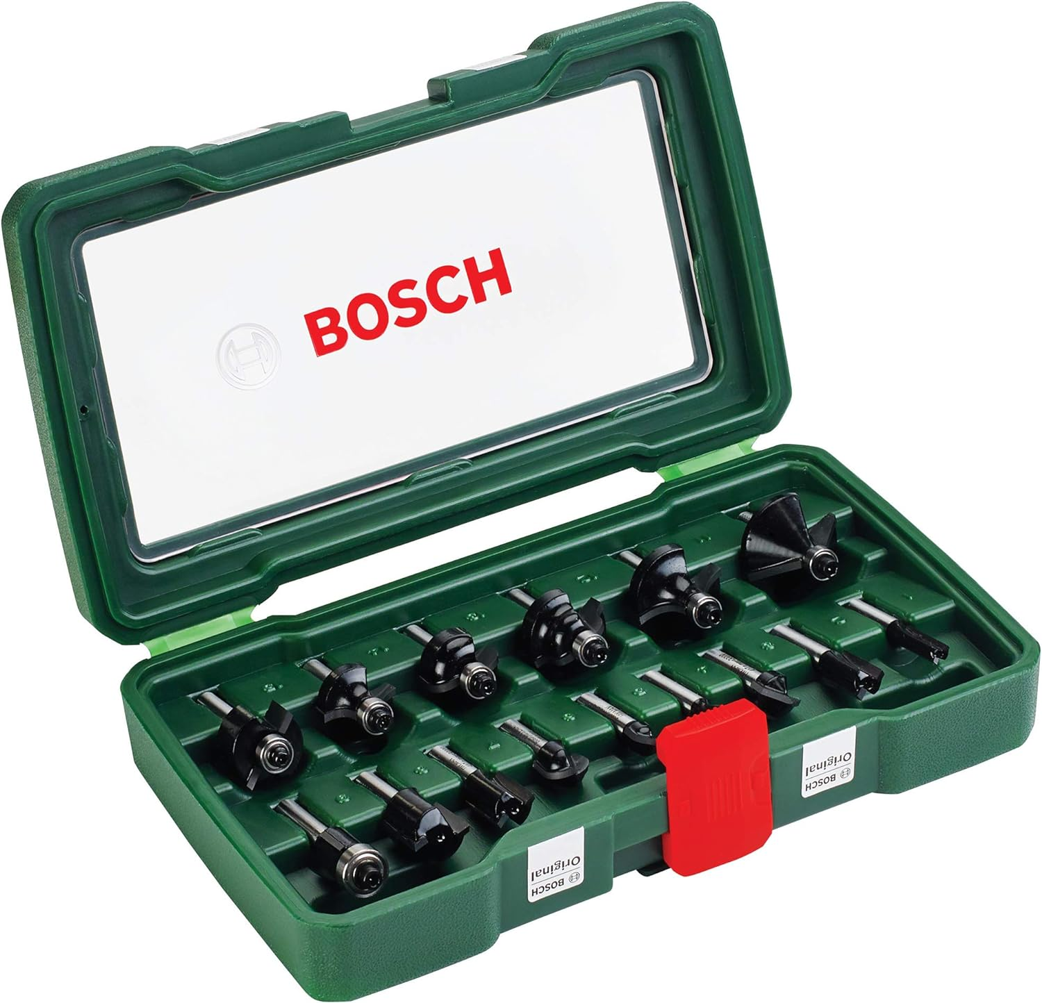 Bosch POF 1400 ACE Router (3 x Collet, Milling Cutter, Parallel Stop, Suction Adapter, Case) + 15-Piece Carbide Cutter Set (for Wood, 1/4 Inch Shank)