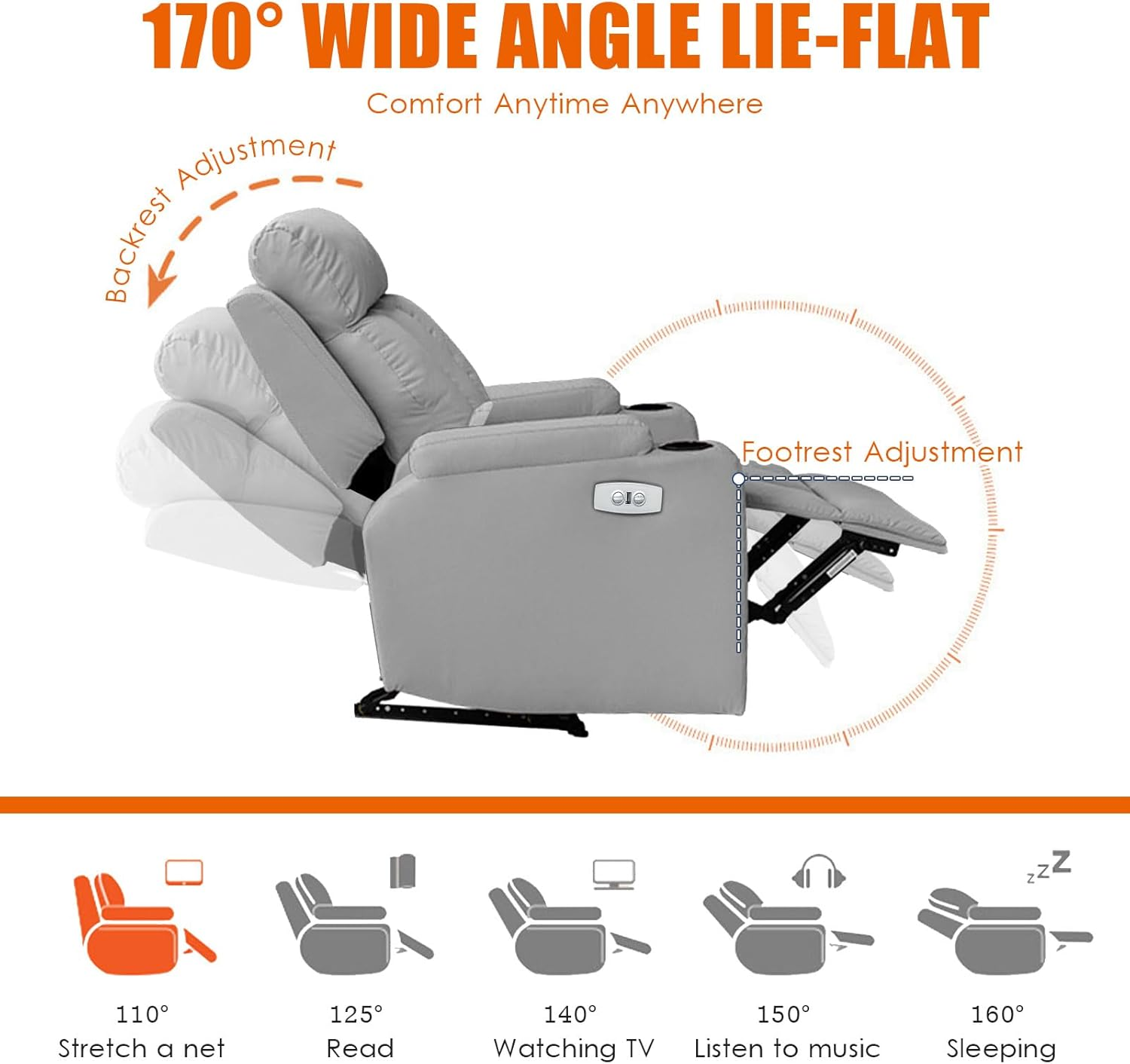 Recliner Chair for Adults, Faux Leather Reclining Chairs with Cup Holder and USB Charging, Single Lazyboy Recliner Sofa for Living Room, RV, Bedroom