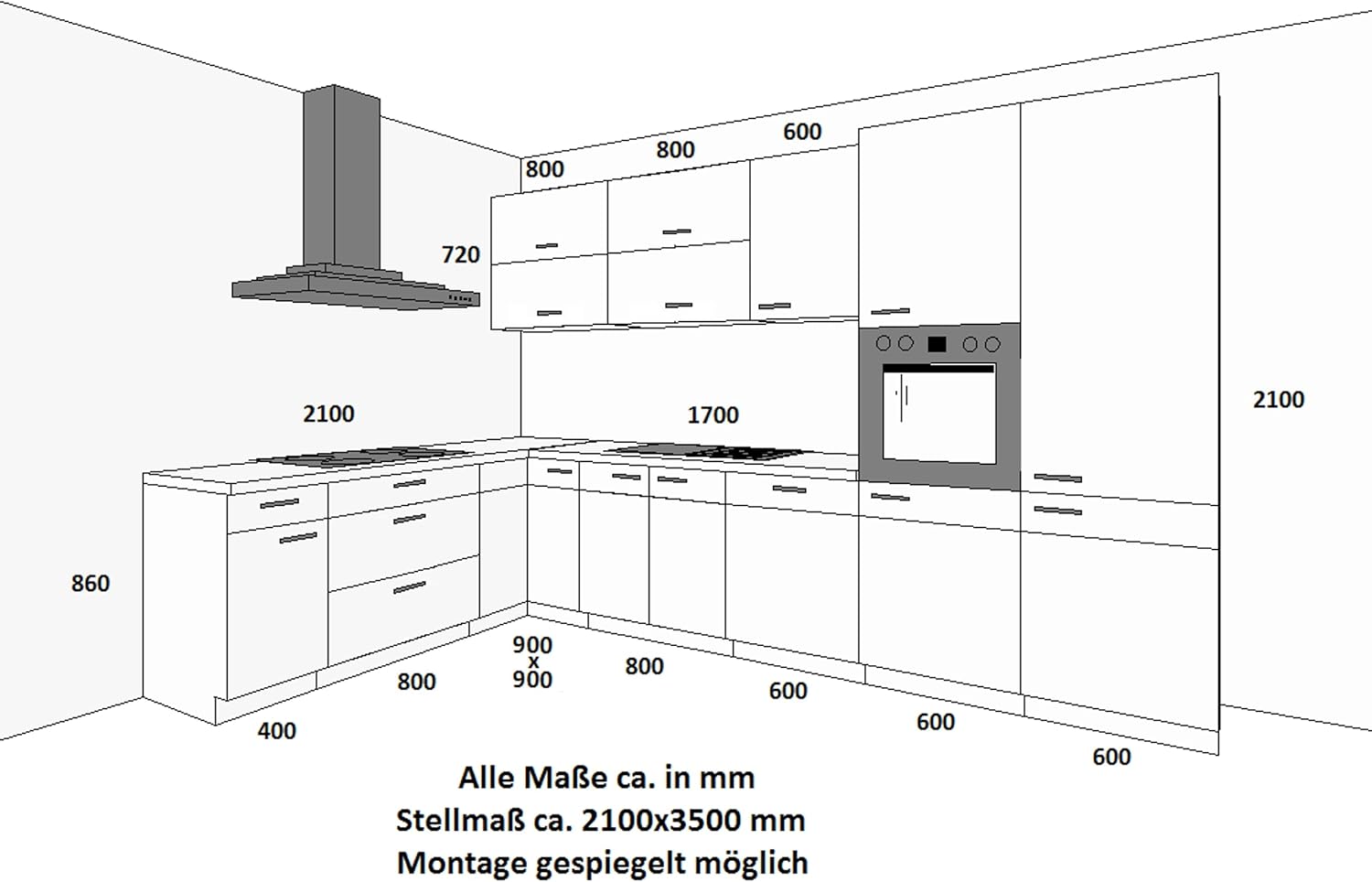 Vigo Matera Lancelot Corner Kitchen Unit 210 x 350 cm Grey