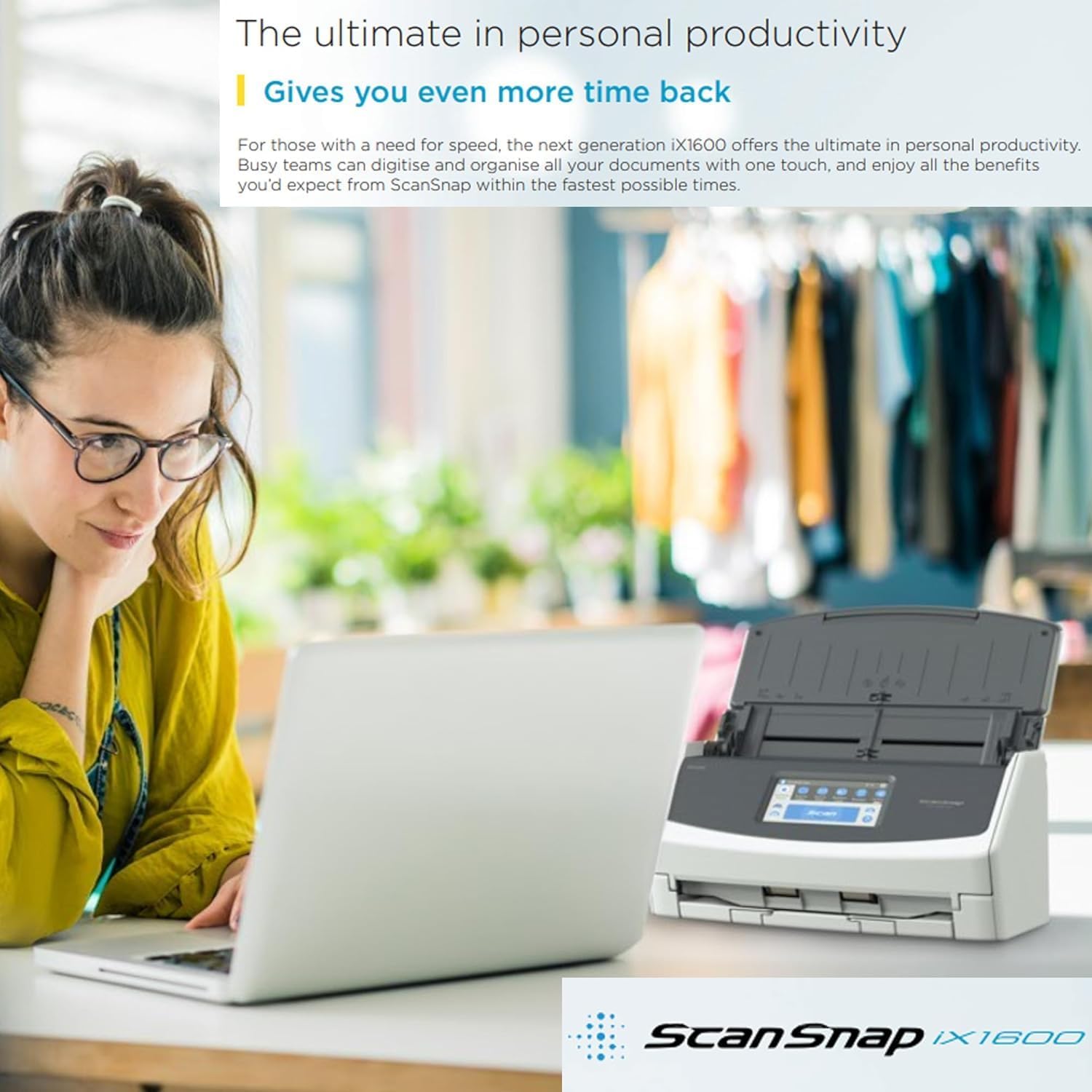 iX1600 ScanSnap Scanner (White) - A4, A5, A6, B5, B6, Business Card, Postcard, Letter, Legal and Custom, Duplex, Wi-Fi, USB 3.2, (40 Pages/80 Images/Min) with ADF, White, ADF, 40 ppm