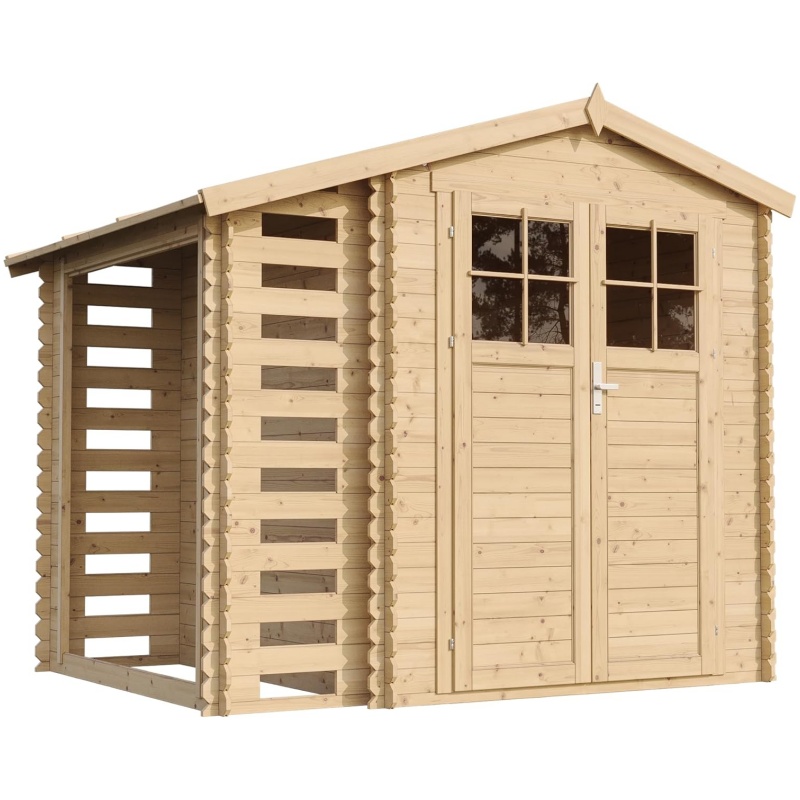 TIMBELA M386F Wooden Garden Shed with Firewood Shed, High-Quality Lockable Door, Garden Shed Wood, W 272 x L 206 x H 218 cm / 3.53 + 0.97 m2 Storage Shed for Garden - Waterproof Roof