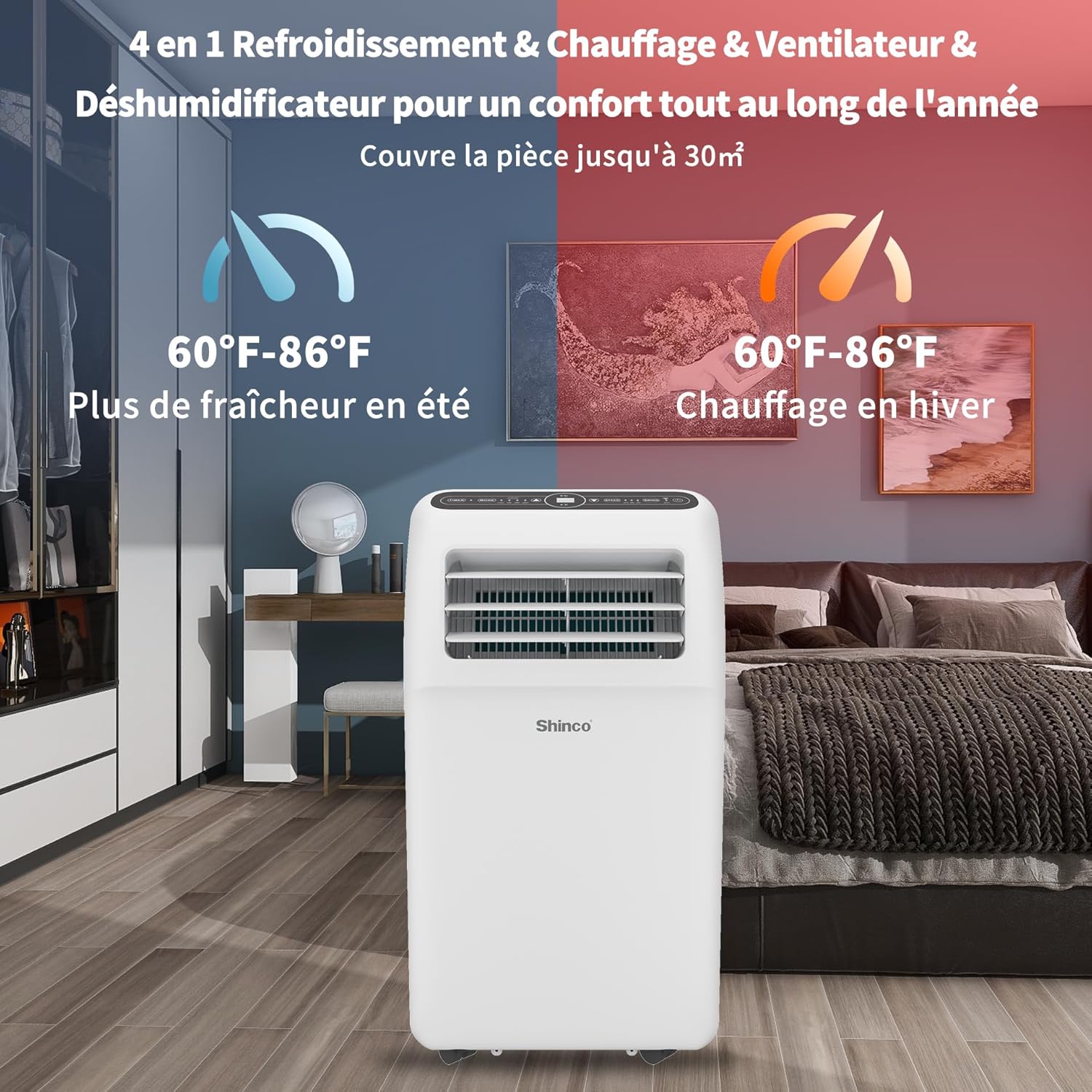 SHINCO Climatiseur Mobile Wifi 12000 BTU/h, Eco R290, 3,5 kW, 4 en 1 Refroidissement, Chauffage, ventilateur, Déshumidificateur, Blanc [Classe énergétique A]