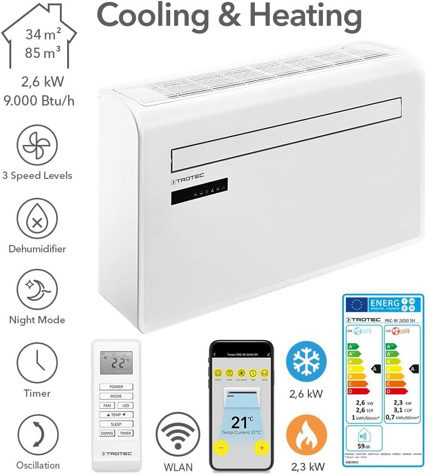 TROTEC Local Wall Air Conditioner PAC-W 2200 S Mobile Air Conditioner 4-in-1 Cooling, Heating, Ventilation, Dehumidification Air Conditioner 2.2 kW 8,000 BTU/h for Room Size up to 30 m² and 75 m³ [Energy Class A]