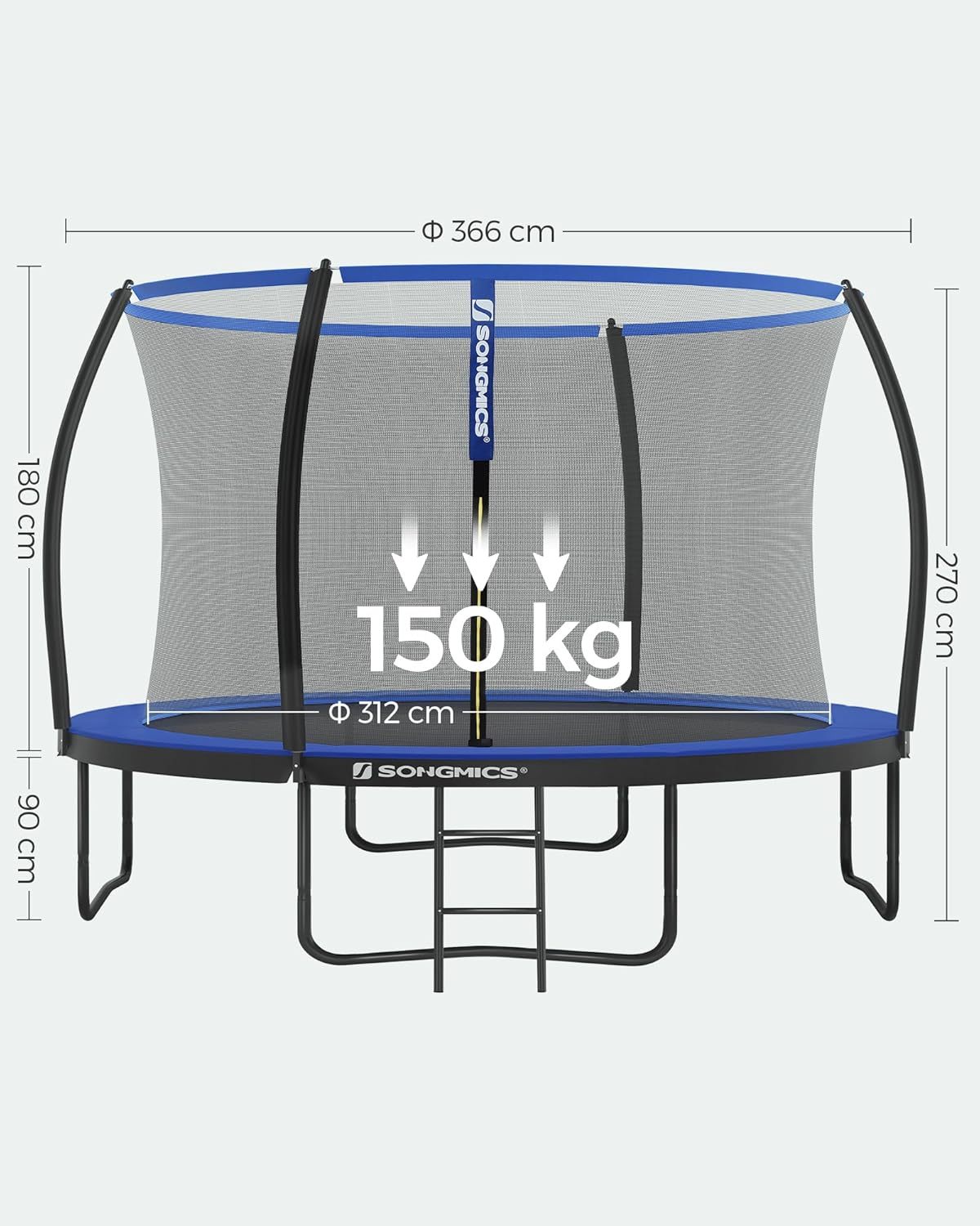 SONGMICS Outdoor Trampoline Ø 366 cm, Round Garden Trampoline for Children with Safety Net, Edge Cover, Ladder and Padded Poles