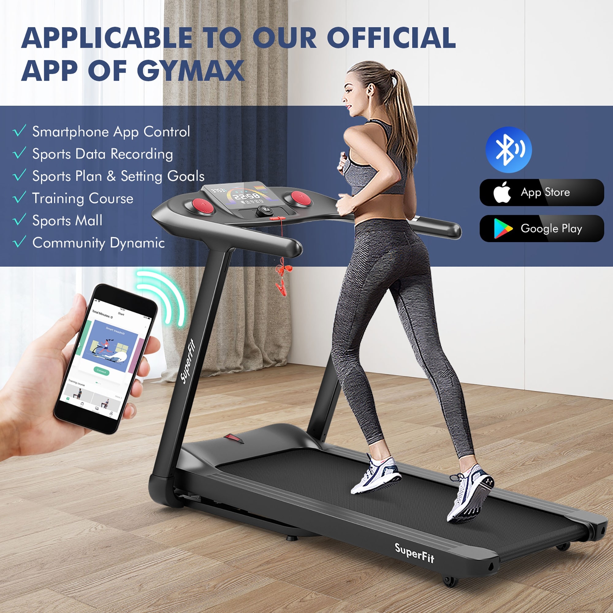 SuperFit 4.75HP Folding Treadmill w/Preset Programs Touch Screen - 64'' x 30'' x 45''