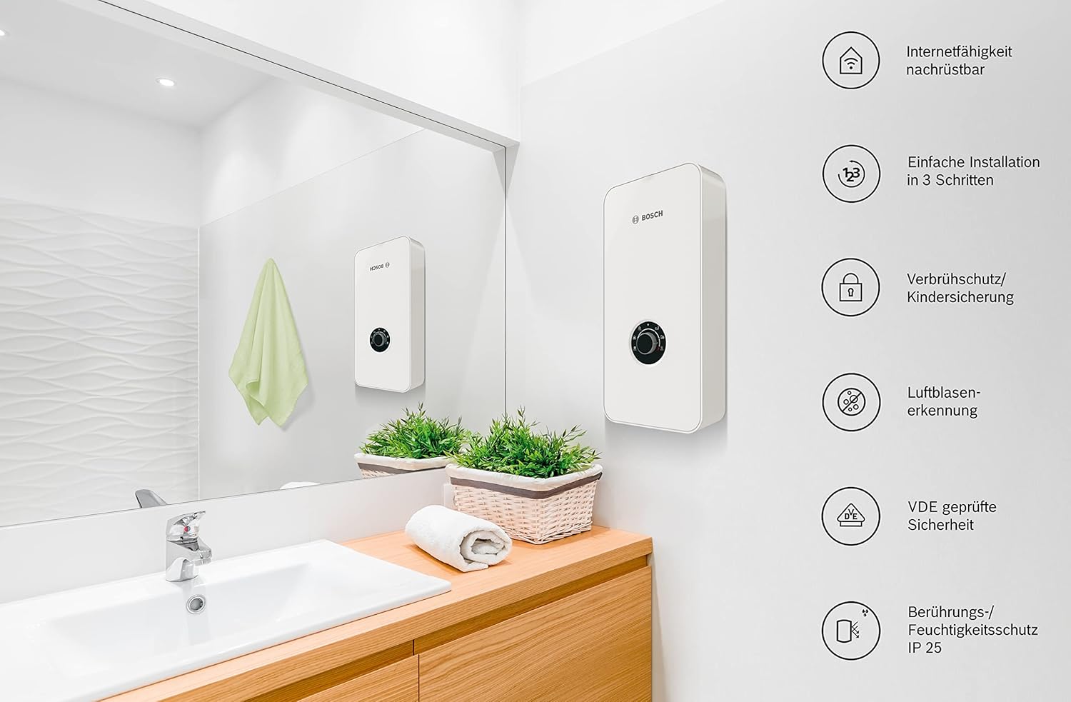 Bosch Tronic 5000 Electronic Instantaneous Water Heater 15/18/21 kW Switchable Pressure Resistant Continuous Temperature Selection 400 V Modern Glass Look White [Energy Class A]