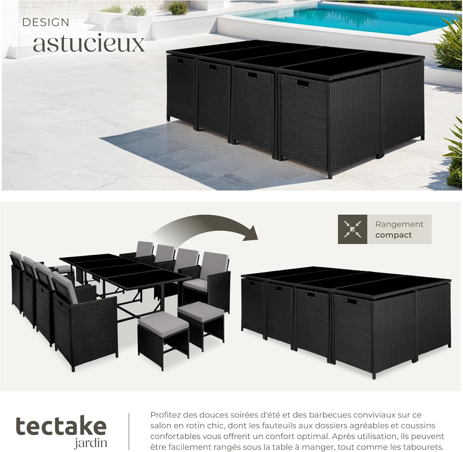 TecTake Rattan Garden Furniture Set - Outdoor Dining Set with 8 Comfortable Chairs, 4 Stools, and 1 Table - Balcony and Patio Furniture - Black/Grey