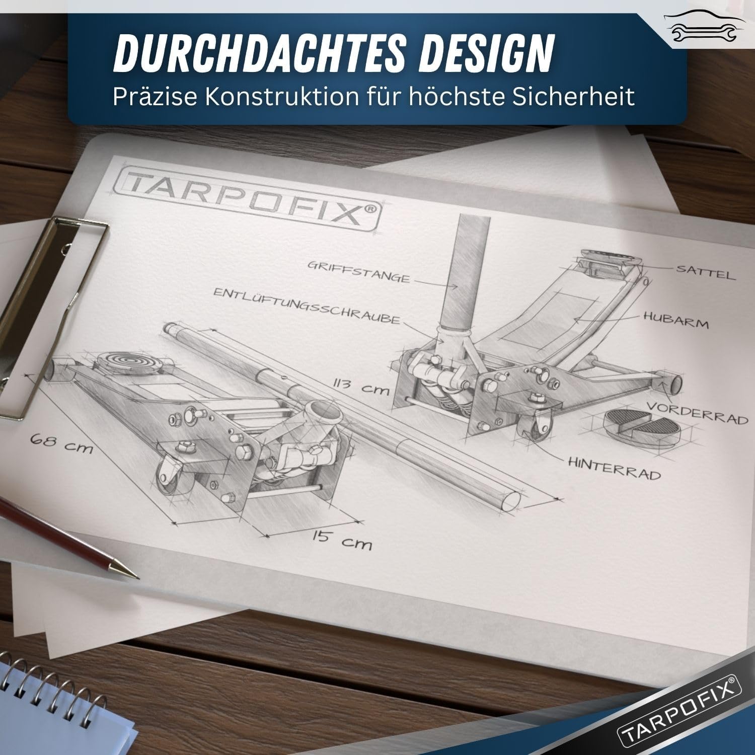 Tarpofix® Hydraulic Car Jack 3t (75-505mm Lifting Height) | Premium Trolley Jack with Double Cylinder | Flat Hydraulic for SUVs & Lowered Cars