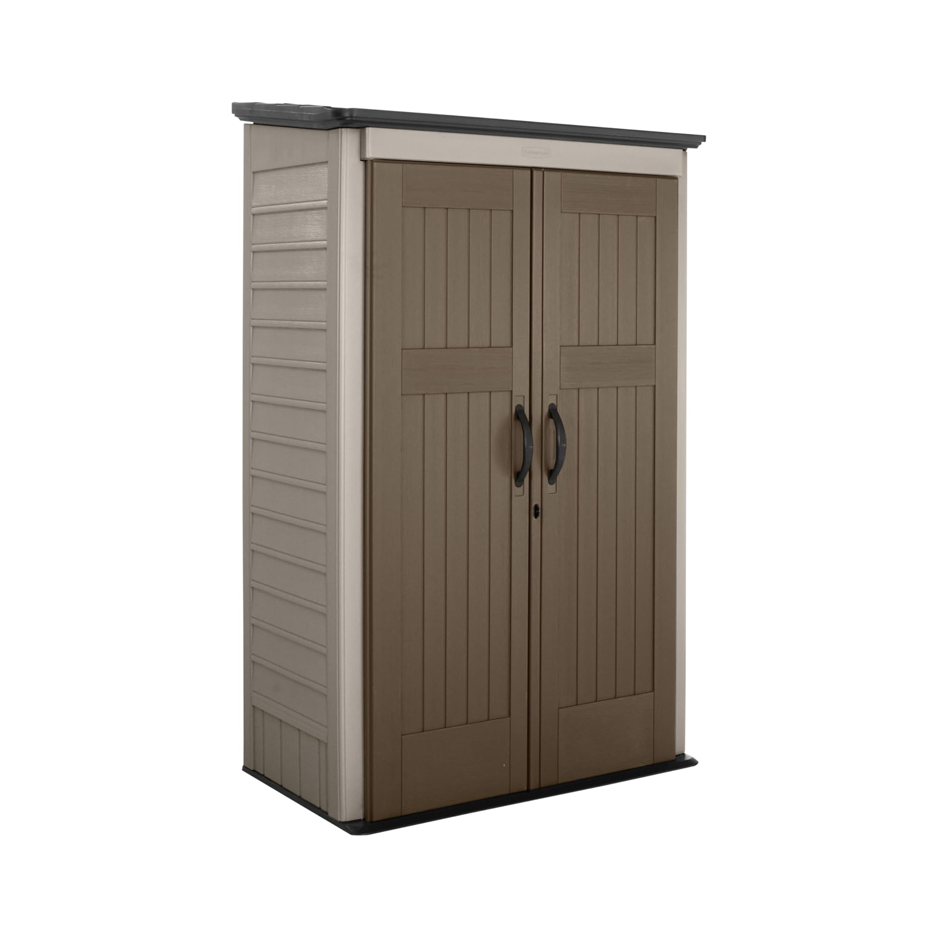 Rubbermaid Vertical Resin Outdoor Storage Shed With Floor (4 x 2.5 Ft) Weather Resistant Beige/Brown Organization for Home/Backyard/Pool Chemicals/Toys/Garden Tools/Porch/Patio Cushions