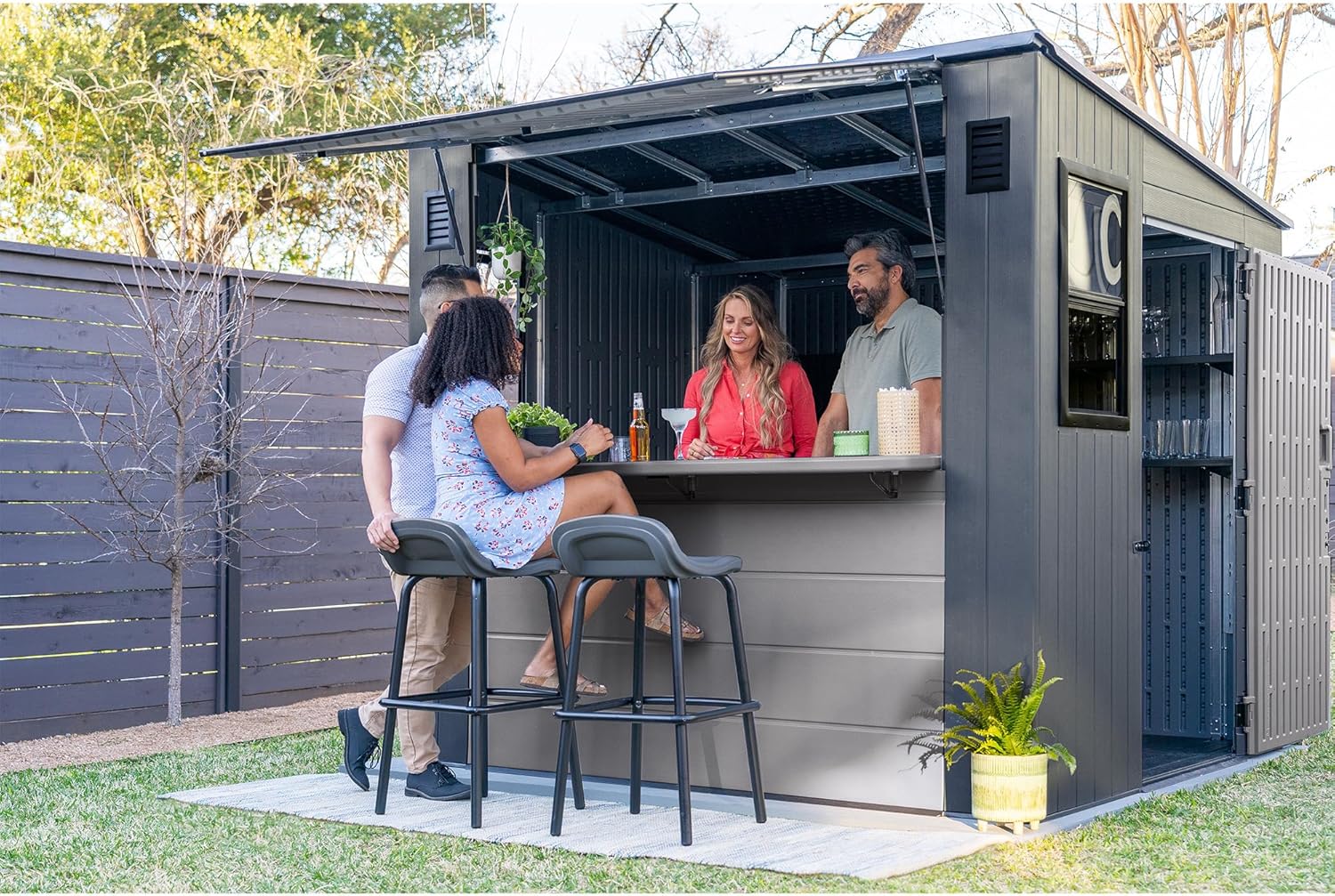 Suncast 8' x 7' Cabana Entertainment Storage Shed, All-Weather Outdoor Backyard Shelter with 2 Windows and Fold-Down Bar Top, Gray