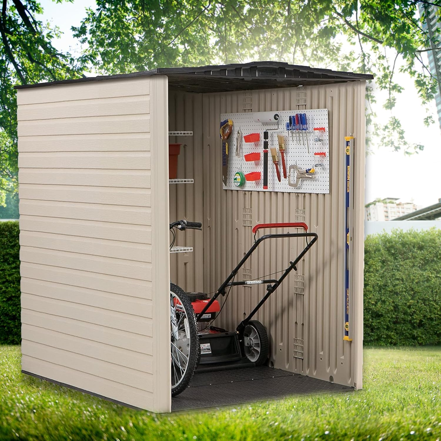 Rubbermaid Large Vertical Resin Outdoor Storage Shed With Floor (6.2 x 4.6 Ft), Weather Resistant, Beige/Brown, Organization for Home/Backyard/Garden Tools/Lawn Mower/Bike Storage/Pool Supplies