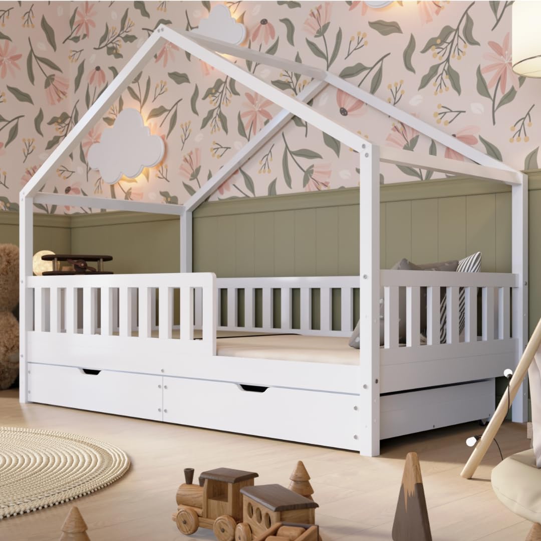 Crazy Pine Cabin Bed 160x80 cm – Natural Wood Children's Bed with Barrier – Montessori Floor Bed with Height-Adjustable Legs and Removable Barrier - Crazy House