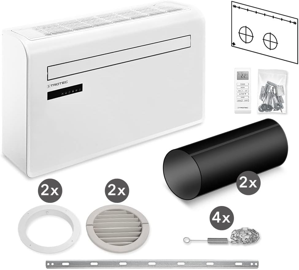 TROTEC Local Wall Air Conditioner PAC-W 2200 S Mobile Air Conditioner 4-in-1 Cooling, Heating, Ventilation, Dehumidification Air Conditioner 2.2 kW 8,000 BTU/h for Room Size up to 30 m² and 75 m³ [Energy Class A]