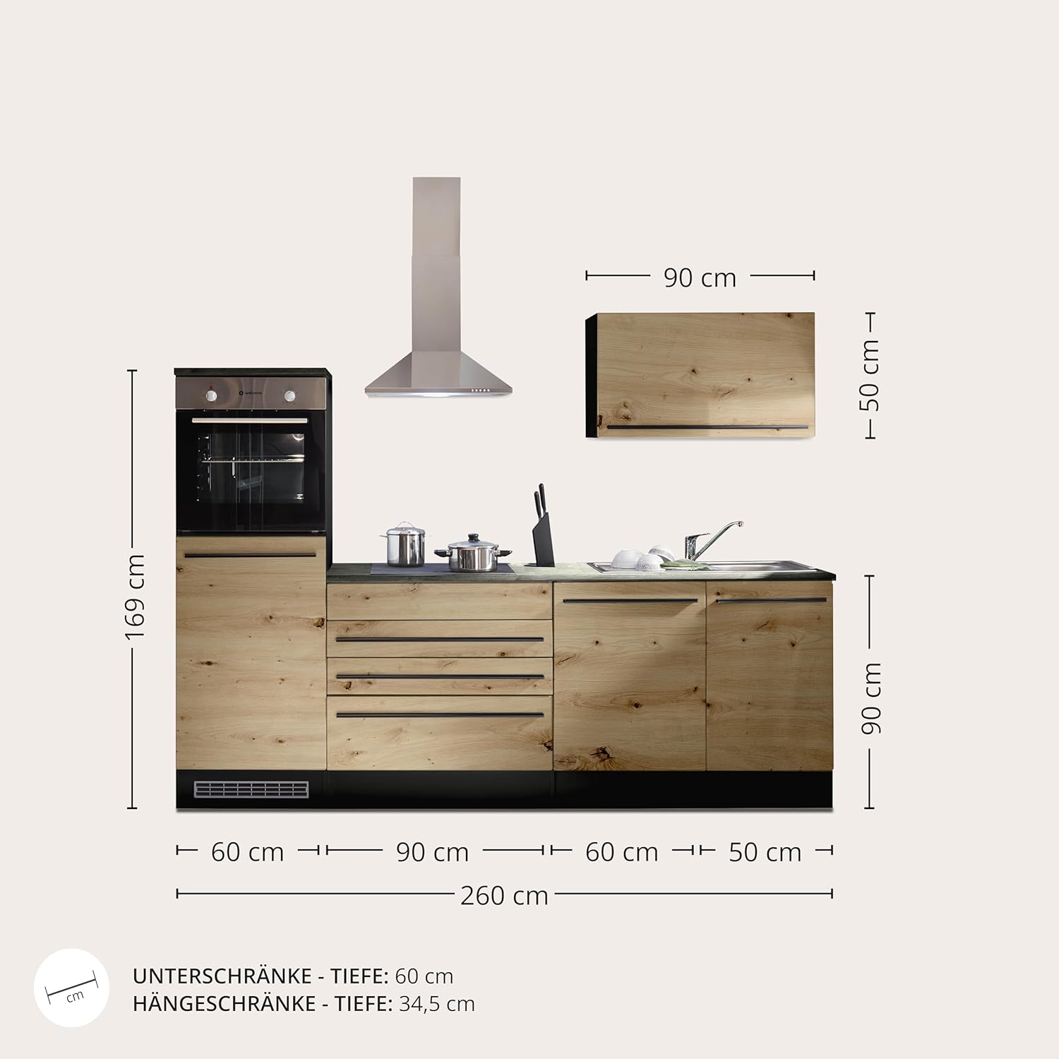 Jazz 6 Modern Kitchen Unit with Electrical Appliances in Anthracite, Artisan Oak Look, Spacious Fitted Kitchen with Lots of Storage Space, 260 x 200 x 60 cm (W x H x D)