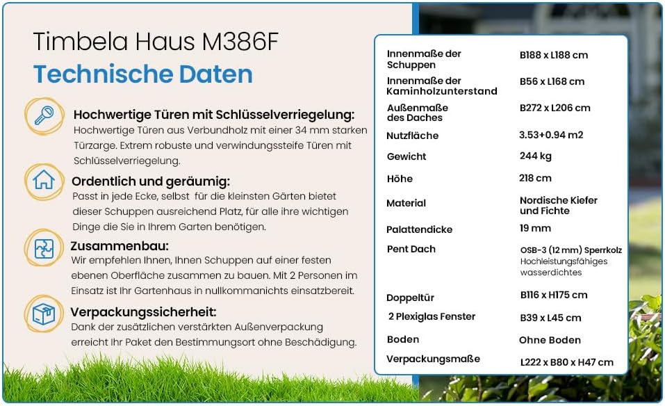 TIMBELA M386F Wooden Garden Shed with Firewood Shed, High-Quality Lockable Door, Garden Shed Wood, W 272 x L 206 x H 218 cm / 3.53 + 0.97 m2 Storage Shed for Garden - Waterproof Roof