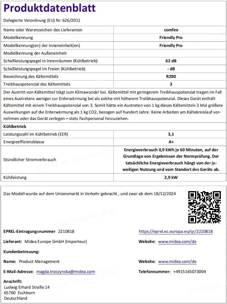 Comfee Mobile Air Conditioner Environmentally Friendly Refrigerant Pro, 3-in-1 Air Conditioner with Exhaust Hose, Cooling and Dehumidification and Ventilation, 10,000 BTU, 2.9 kW, for Rooms Approx. 80 [Energy Class A+]