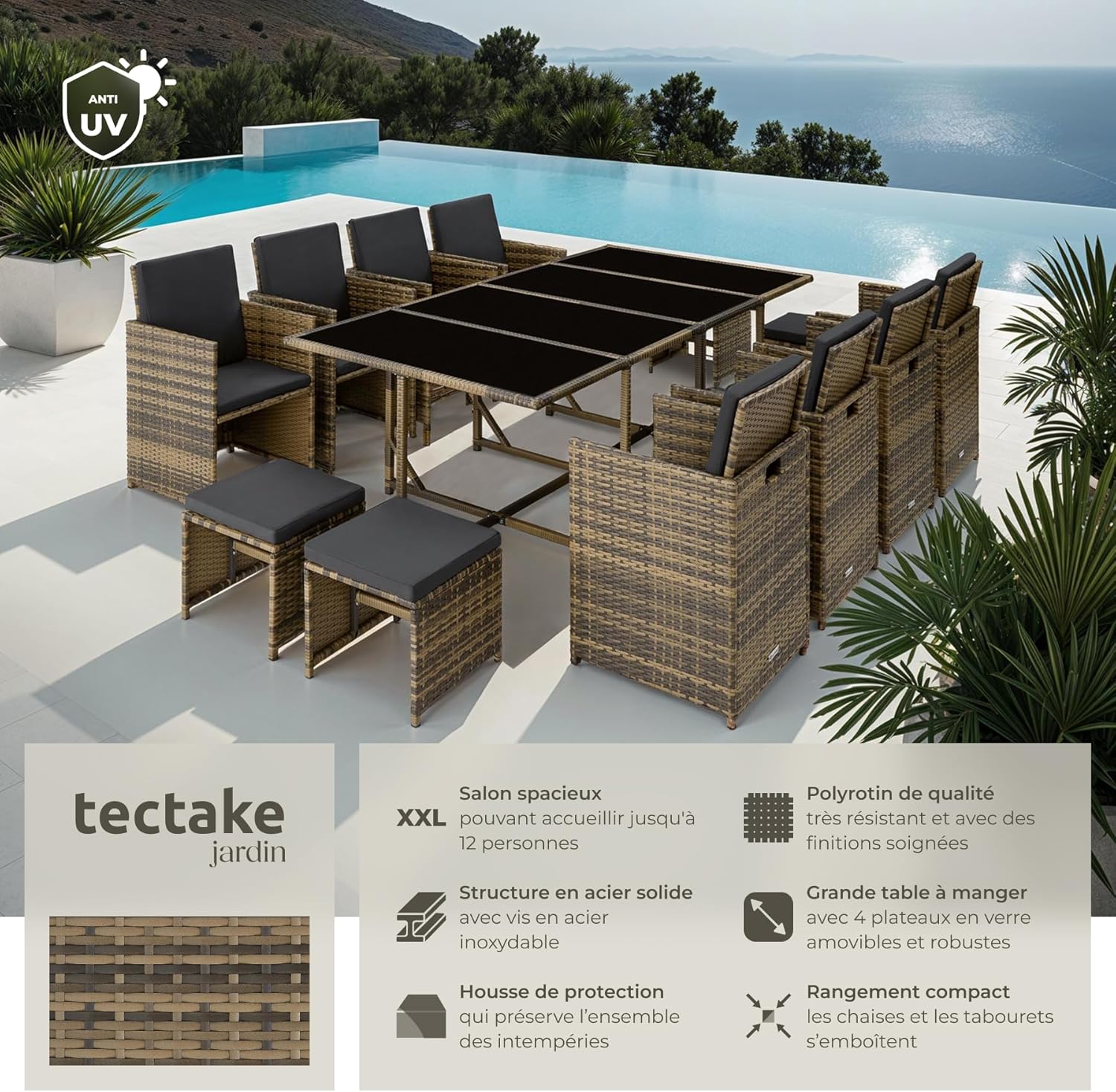 TecTake Rattan Garden Furniture Set - Outdoor Dining Set with 8 Comfortable Chairs, 4 Stools, and 1 Table - Balcony and Patio Furniture - Black/Grey