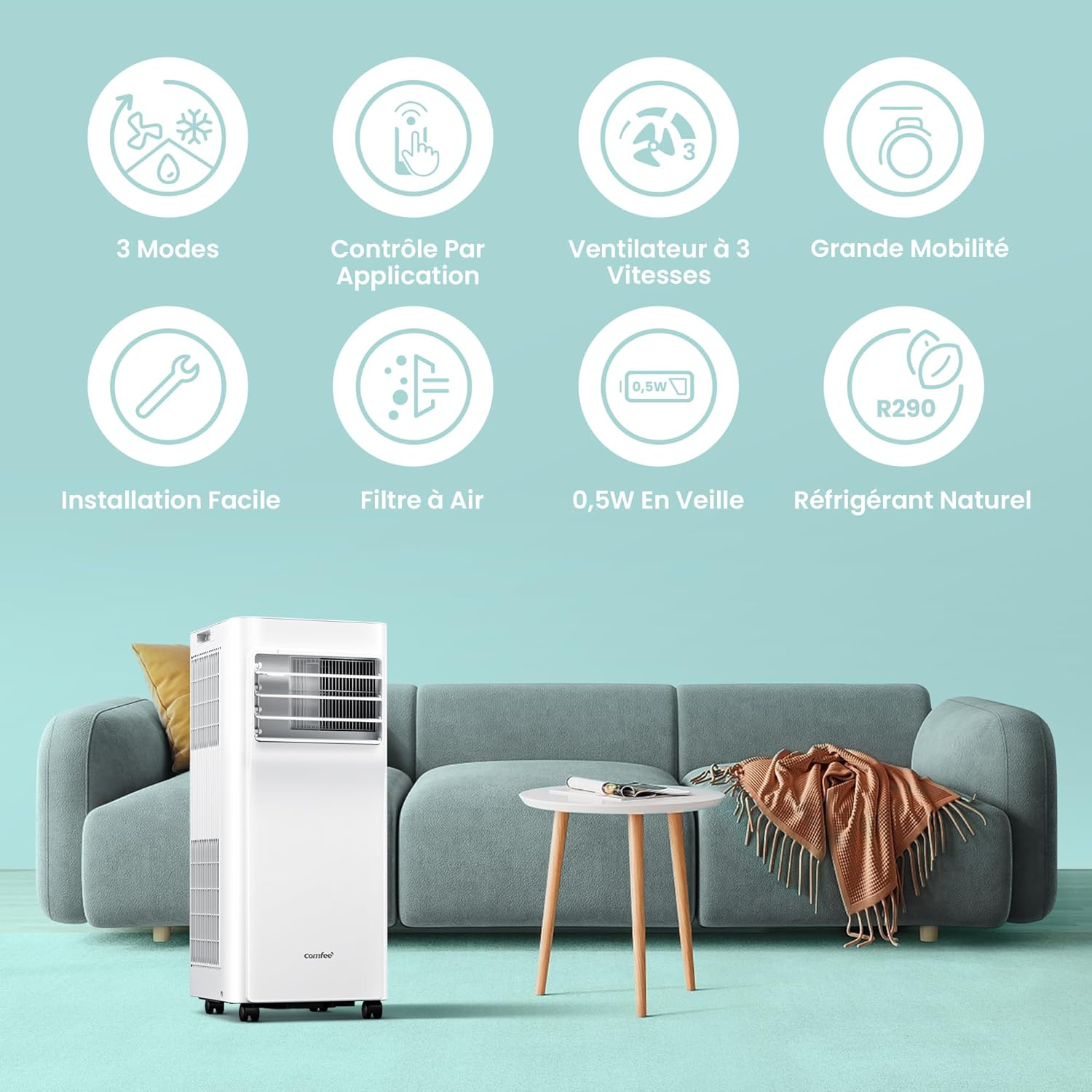 COMFEE' Climatiseur Mobile 9000 BTU/h 2,6kW, Contrôle APP, 3 Modes, 3 Vitesses de ventilation, Dimensions compactes, Pour pièces de 33㎡, Breezy Cool 2.6, Fonctionne avec Alexa [Classe énergétique A]