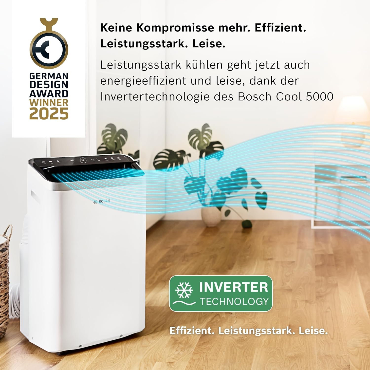 Bosch Cool 5000 Mobile Air Conditioner, 3-in-1 Air Conditioner, Dehumidifier, Fan, 3.4 kW for Rooms up to 46 m², with Auto Mode, Silent Mode and Sleep Mode