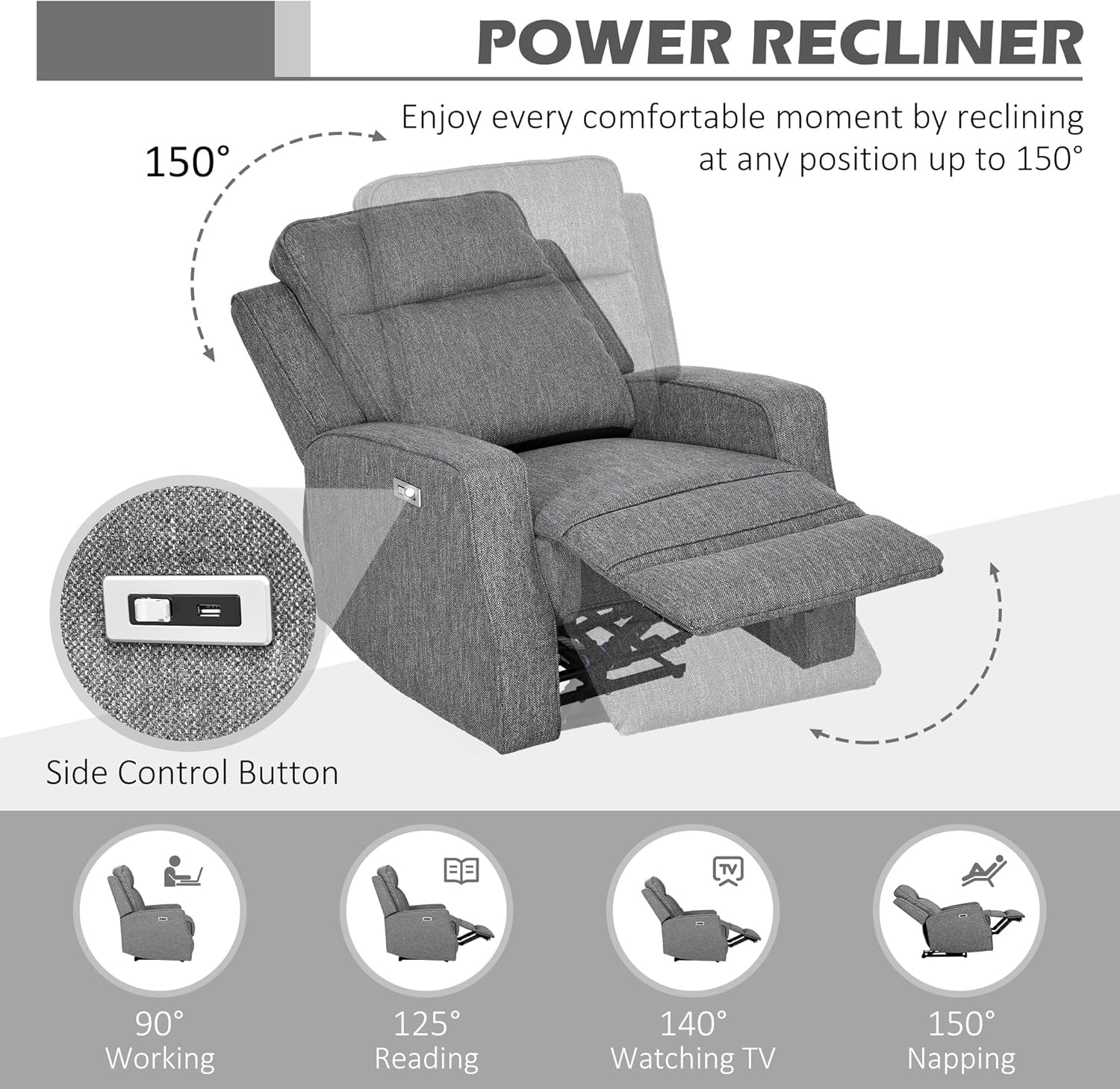 HOMCOM Electric Fabric Recliner Armchair, Reclining Chair with Adjustable Leg Rest, USB Port, for Limited Space Home Living Room, Charcoal Grey