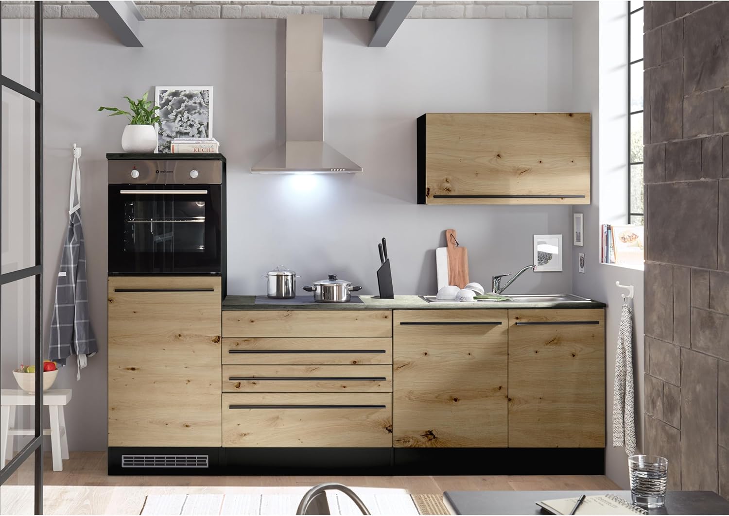 Jazz 6 Modern Kitchen Unit with Electrical Appliances in Anthracite, Artisan Oak Look, Spacious Fitted Kitchen with Lots of Storage Space, 260 x 200 x 60 cm (W x H x D)