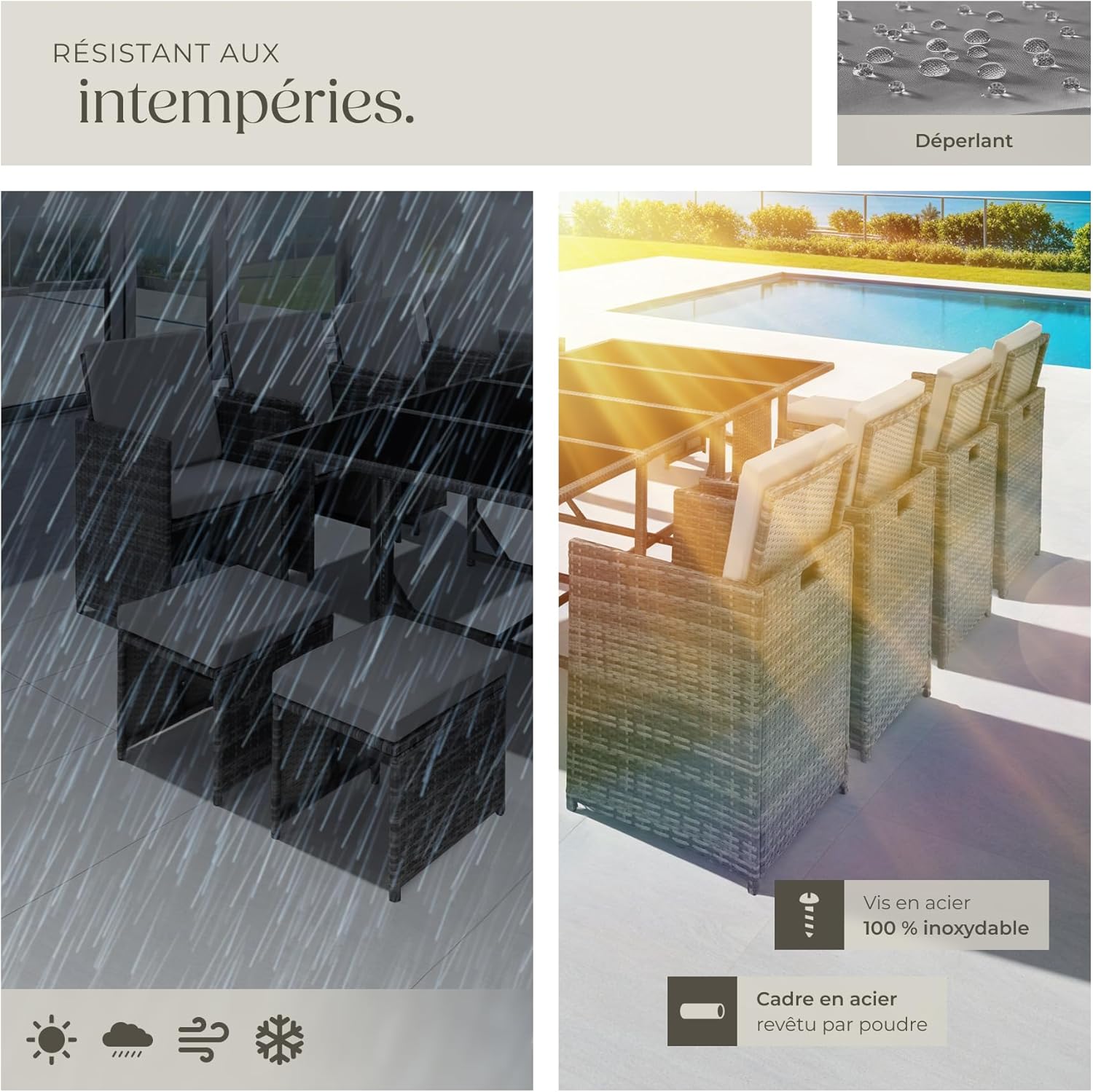 TecTake Rattan Garden Furniture Set - Outdoor Dining Set with 8 Comfortable Chairs, 4 Stools, and 1 Table - Balcony and Patio Furniture - Black/Grey