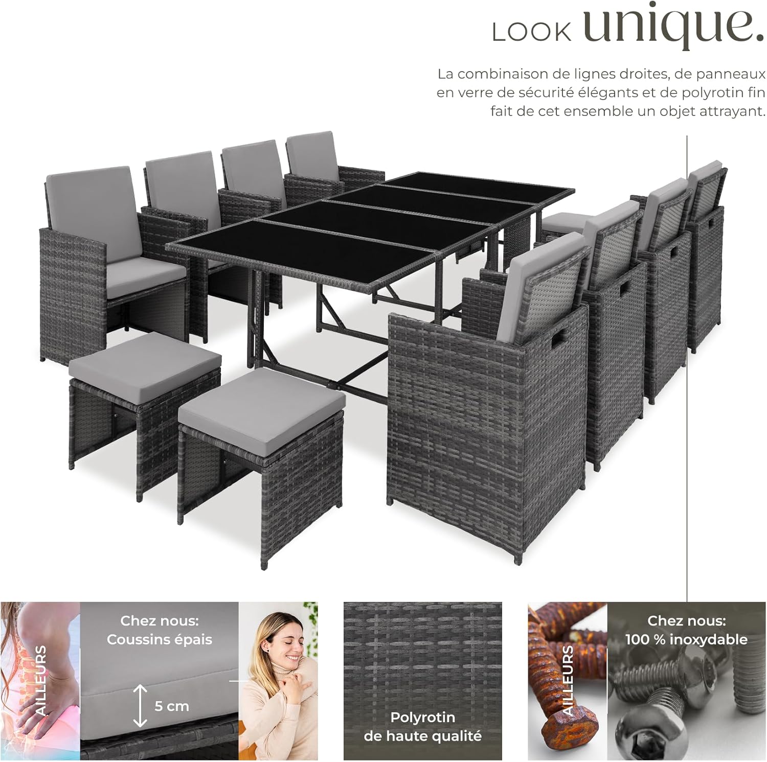 TecTake Rattan Garden Furniture Set - Outdoor Dining Set with 8 Comfortable Chairs, 4 Stools, and 1 Table - Balcony and Patio Furniture - Black/Grey