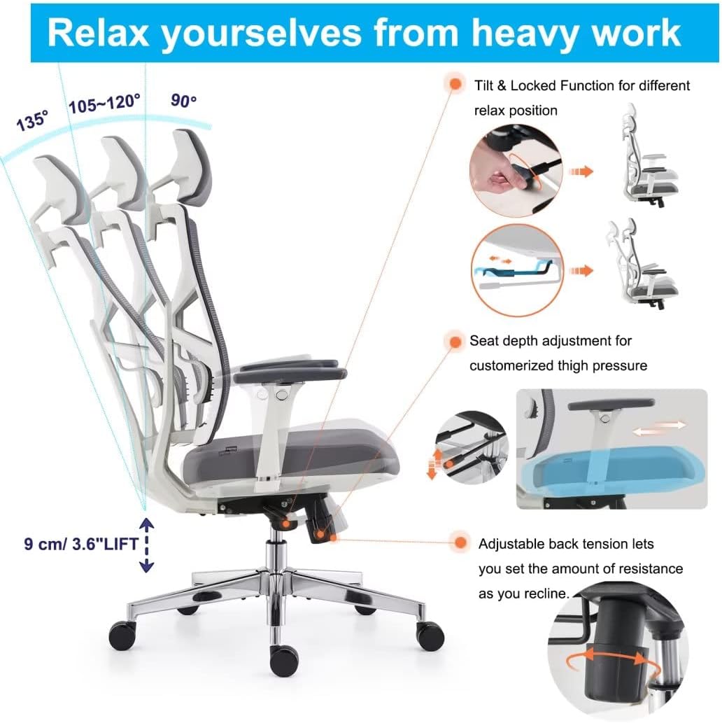 HOLLUDLE Ergonomic Office Chair with Adjustable Backrest, Computer Chair with 4D Armrests, Adjustable Seat Depth, Lumbar Support and 2D Headrest, Task Chair, White