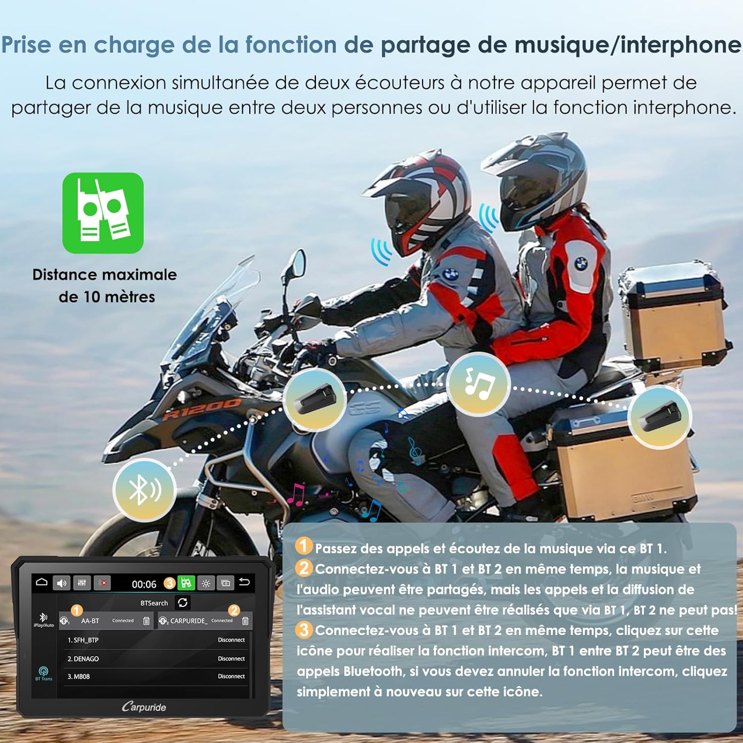 Carpuride W702BS Pro Moto Carplay Écran avec Natif Wonder Wheel pour BMW Moto, Sans Fil CarPlay et Android Auto, 7 Pouces Étanche Tactile Écran, Double Bluetooth, Interphone Fonction, Données Lecture.