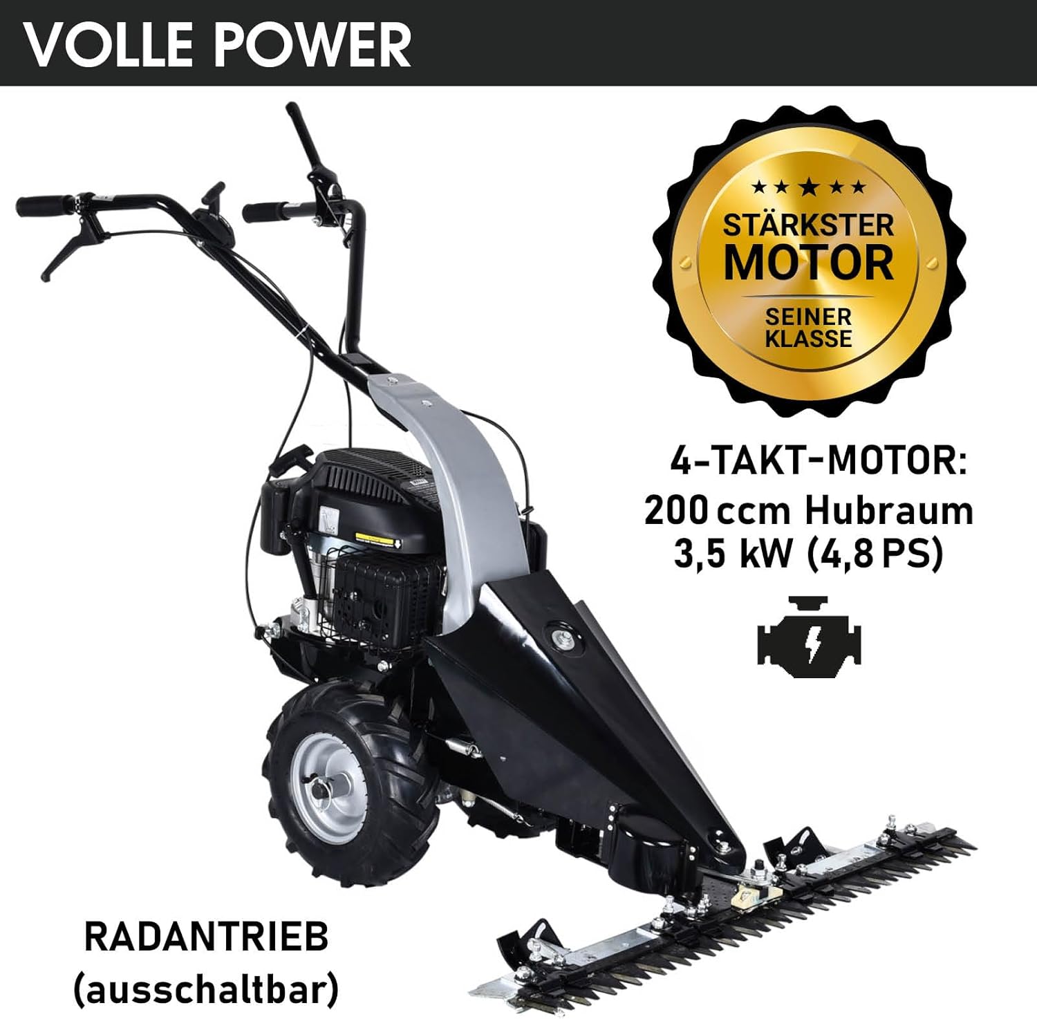 BRAST® Bar Mower Petrol 3.5 kW (4.8 HP) with Drive Cutting Width 97 cm Air Tyres with Terrain Profile Lawn Mower High Grass Mower Meadow Mower 196 cc
