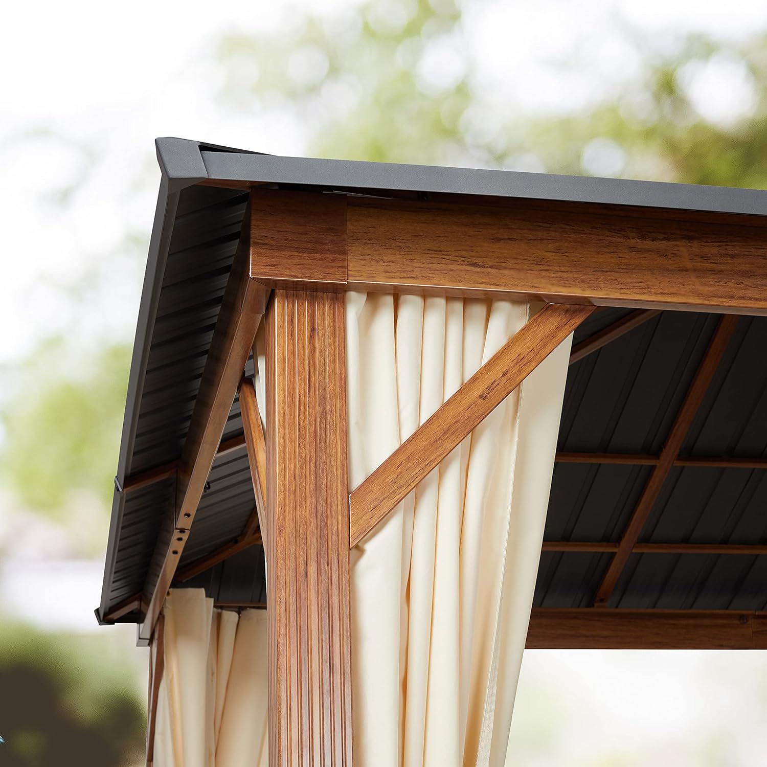 TOOLPORT Garden Gazebo 3 x 4 m Wood Effect Steel Roof Hardtop 4 Side Panels in Grey