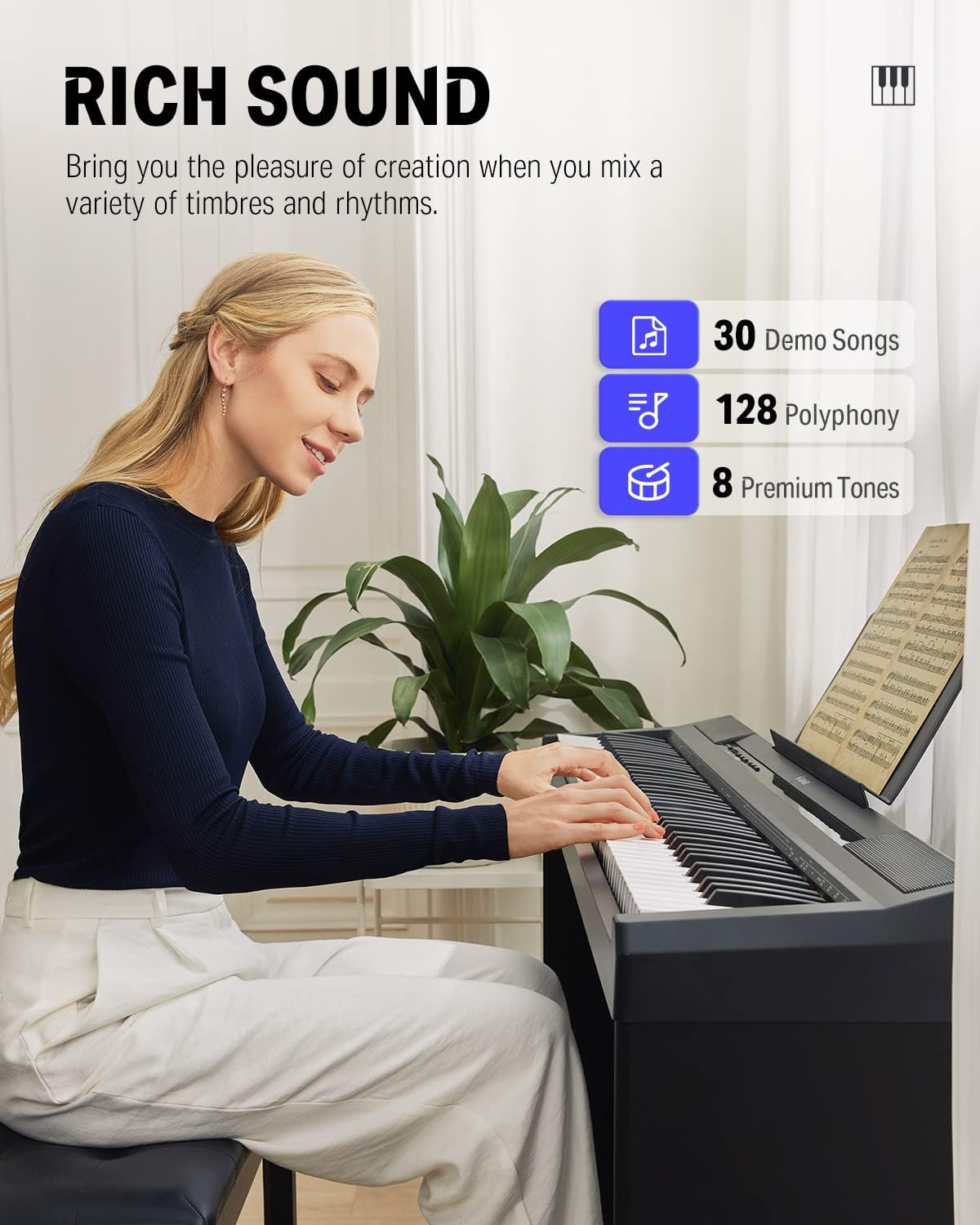 Donner E-Piano 88 Tasten, Halb Gewichteten Anfänger Klavier, Digital Piano mit Abnehmbarer Klavierständer und Pedal, DEP-10S