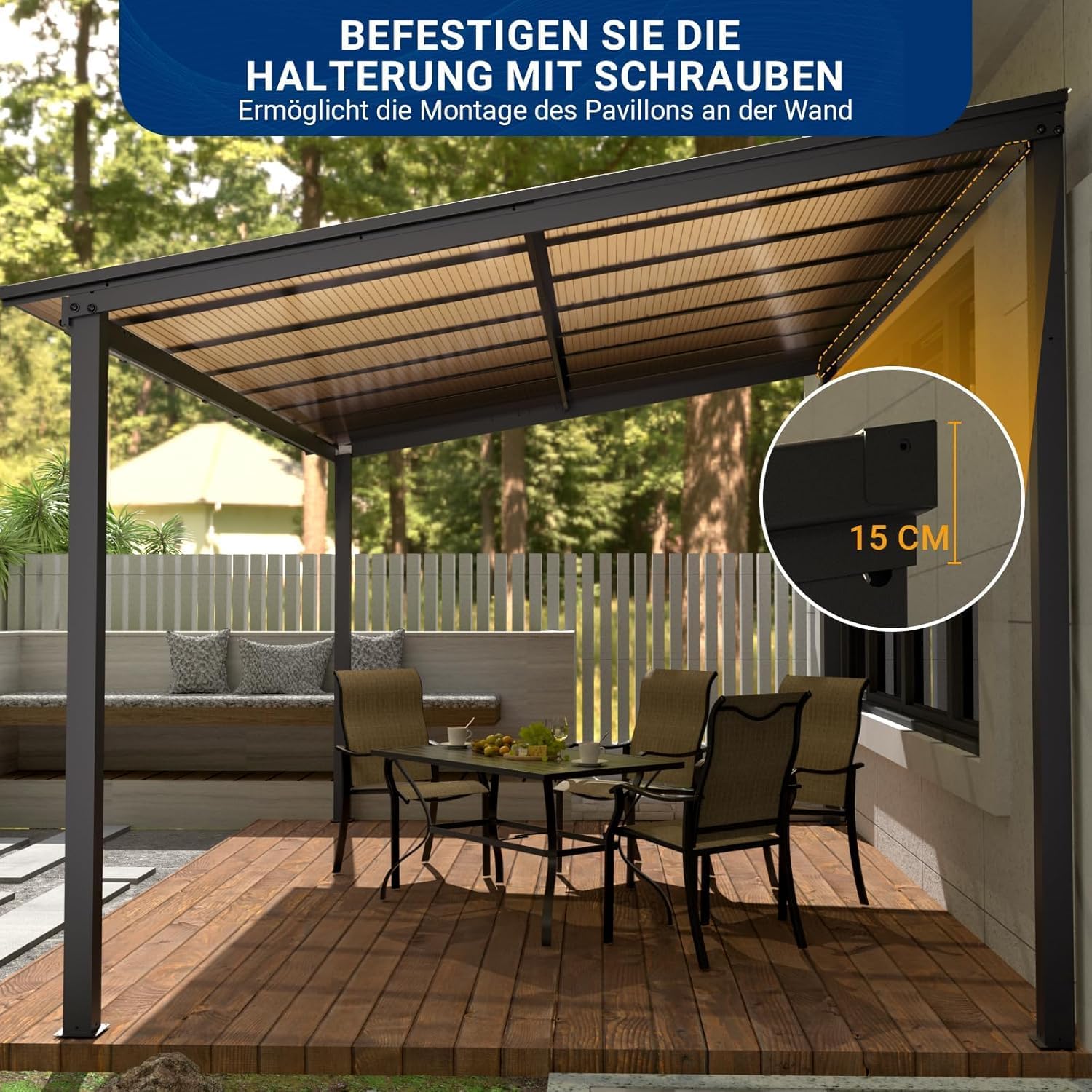 UDPATIO Borneo Patio Canopy 4.2 x 3 m with Sturdy Steel Frame and UV Polycarbonate Roof for Garden, Patio Champagne. Approx. 8 x 8 cm Profile